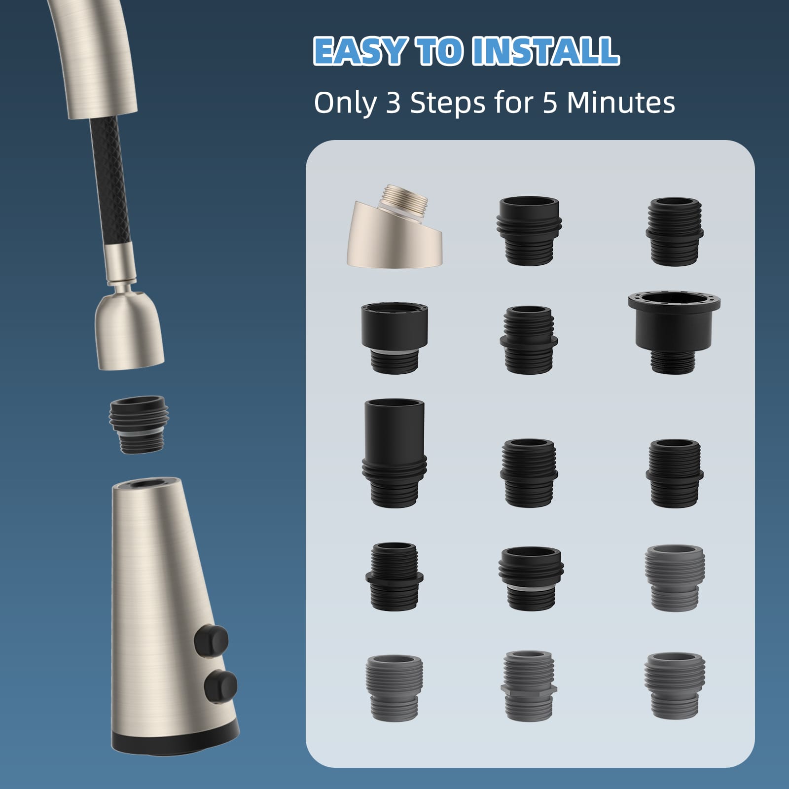 Hibbent Shop Faucet Accessories Hibbent Pull Down Faucet Head Replacement, 4-Function Kitchen Sink Spray Nozzle Replacement with 15 Adapters, Compatible with Moen, American Standard, Delta, Kohler Faucets, Brushed Nickel Hibbent Pull Down Faucet Head Replacement, 4-Function Kitchen Sink Spray Nozzle Replacement with 15 Adapters, Compatible with Moen, American Standard, Delta, Kohler Faucets, Brushed Nickel
