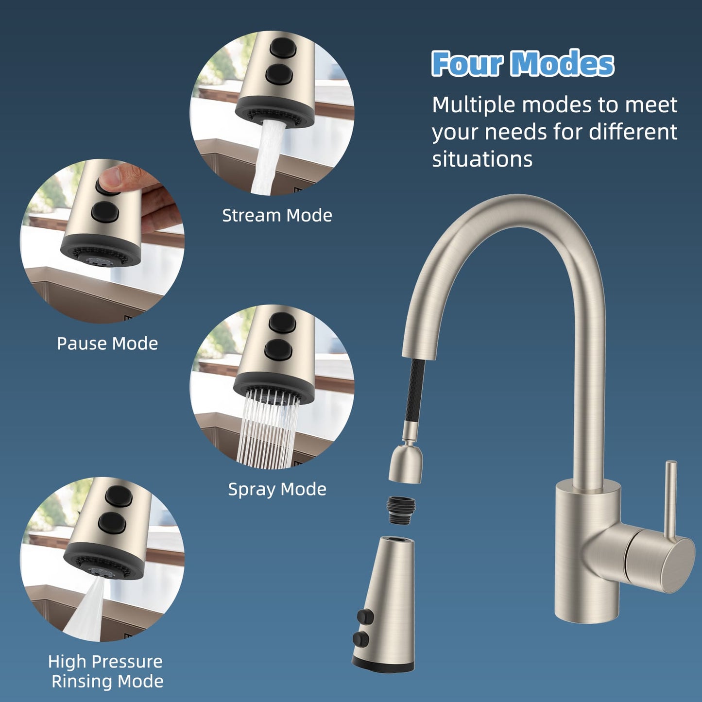 Hibbent Shop Faucet Accessories Hibbent Pull Down Faucet Head Replacement, 4-Function Kitchen Sink Spray Nozzle Replacement with 15 Adapters, Compatible with Moen, American Standard, Delta, Kohler Faucets, Brushed Nickel Hibbent Pull Down Faucet Head Replacement, 4-Function Kitchen Sink Spray Nozzle Replacement with 15 Adapters, Compatible with Moen, American Standard, Delta, Kohler Faucets, Brushed Nickel