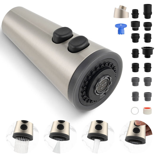 Hibbent Shop Faucet Accessories Hibbent Pull Down Faucet Head Replacement, 4-Function Kitchen Sink Spray Nozzle Replacement with 15 Adapters, Compatible with Moen, American Standard, Delta, Kohler Faucets, Brushed Nickel Hibbent Pull Down Faucet Head Replacement, 4-Function Kitchen Sink Spray Nozzle Replacement with 15 Adapters, Compatible with Moen, American Standard, Delta, Kohler Faucets, Brushed Nickel