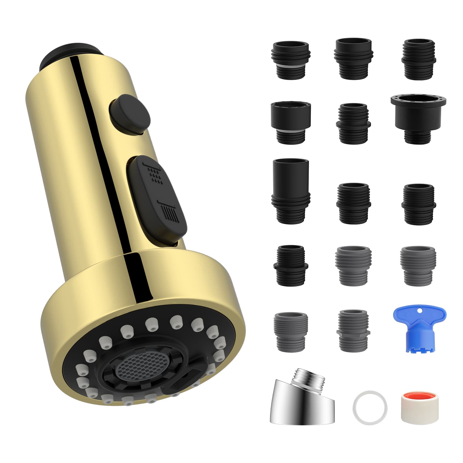 Hibbent Shop Faucet Accessories Hibbent Pull Down Kitchen Faucet Head Replacement, 3 Function Sink Faucet Sprayer Head Nozzle with 15 Adapters, Compatible with Moen, Delta, Kohler Faucets, Polished Brass Hibbent Pull Down Kitchen Faucet Head Replacement, 3 Function Sink Faucet Sprayer Head Nozzle with 15 Adapters, Compatible with Moen, Delta, Kohler Faucets, Polished Brass