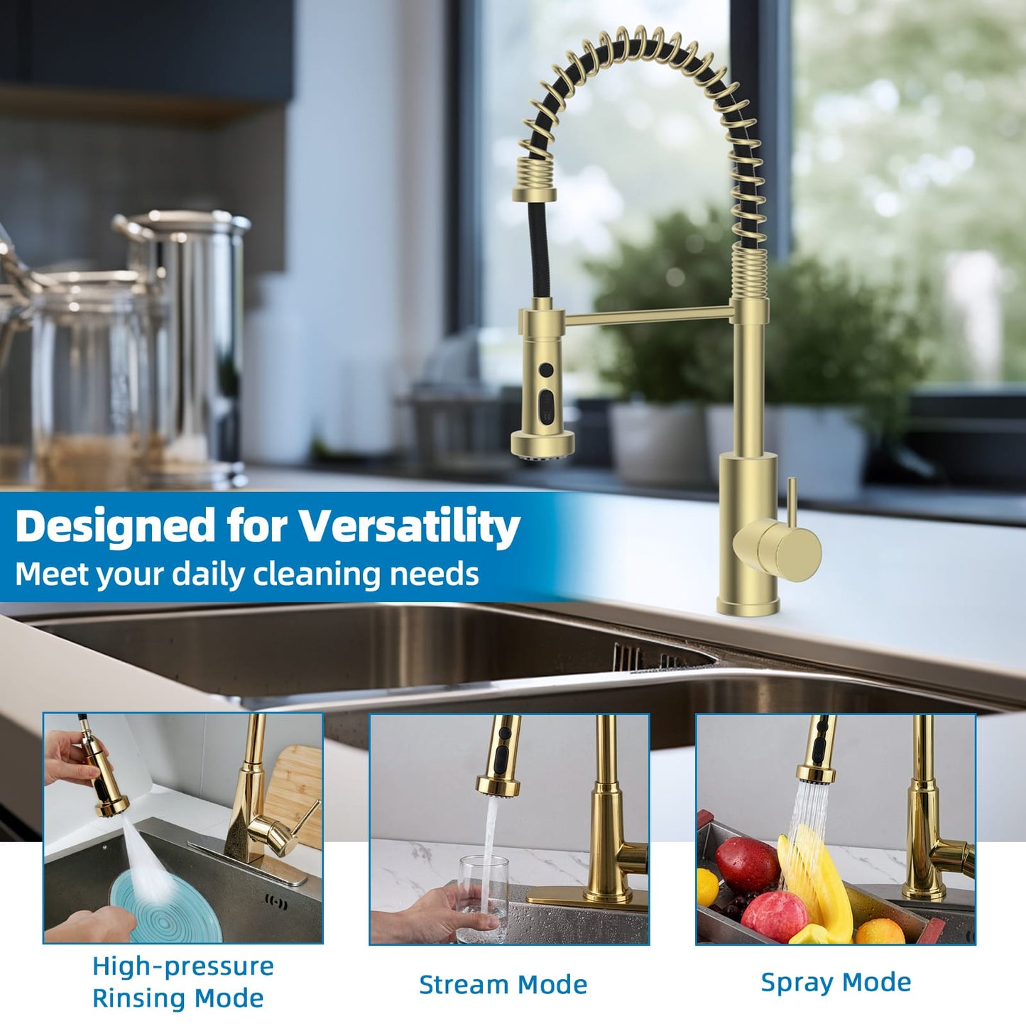 Hibbent Shop Faucet Accessories Hibbent Pull Down Kitchen Faucet Head Replacement, 3 Function Sink Faucet Sprayer Head Nozzle with 15 Adapters, Compatible with Moen, Delta, Kohler Faucets, Polished Brass Hibbent Pull Down Kitchen Faucet Head Replacement, 3 Function Sink Faucet Sprayer Head Nozzle with 15 Adapters, Compatible with Moen, Delta, Kohler Faucets, Polished Brass