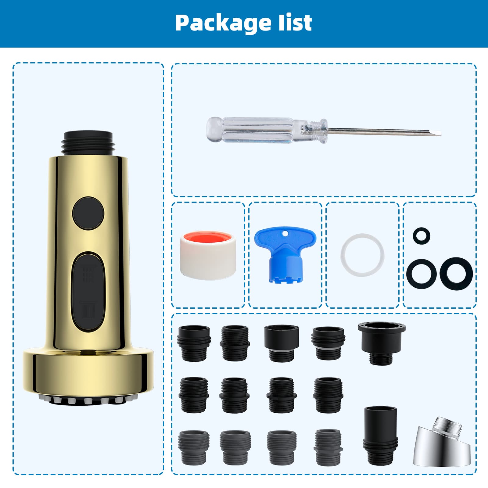 Hibbent Shop Faucet Accessories Hibbent Pull Down Kitchen Faucet Head Replacement, 3 Function Sink Faucet Sprayer Head Nozzle with 15 Adapters, Compatible with Moen, Delta, Kohler Faucets, Polished Brass Hibbent Pull Down Kitchen Faucet Head Replacement, 3 Function Sink Faucet Sprayer Head Nozzle with 15 Adapters, Compatible with Moen, Delta, Kohler Faucets, Polished Brass