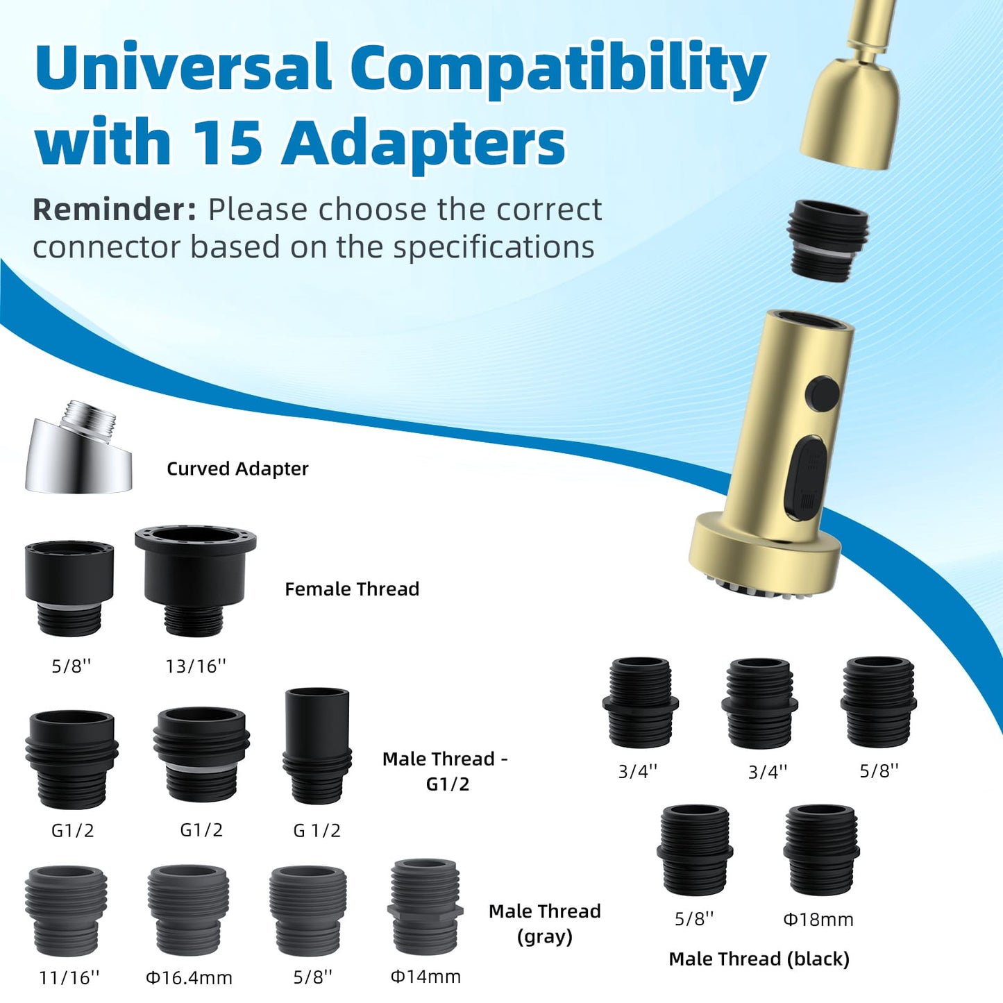 Hibbent Shop Faucet Accessories Hibbent Pull Down Kitchen Faucet Head Replacement, 3 Function Sink Faucet Sprayer Head Nozzle with 15 Adapters, Compatible with Moen, Delta, Kohler Faucets, Polished Brass Hibbent Pull Down Kitchen Faucet Head Replacement, 3 Function Sink Faucet Sprayer Head Nozzle with 15 Adapters, Compatible with Moen, Delta, Kohler Faucets, Polished Brass