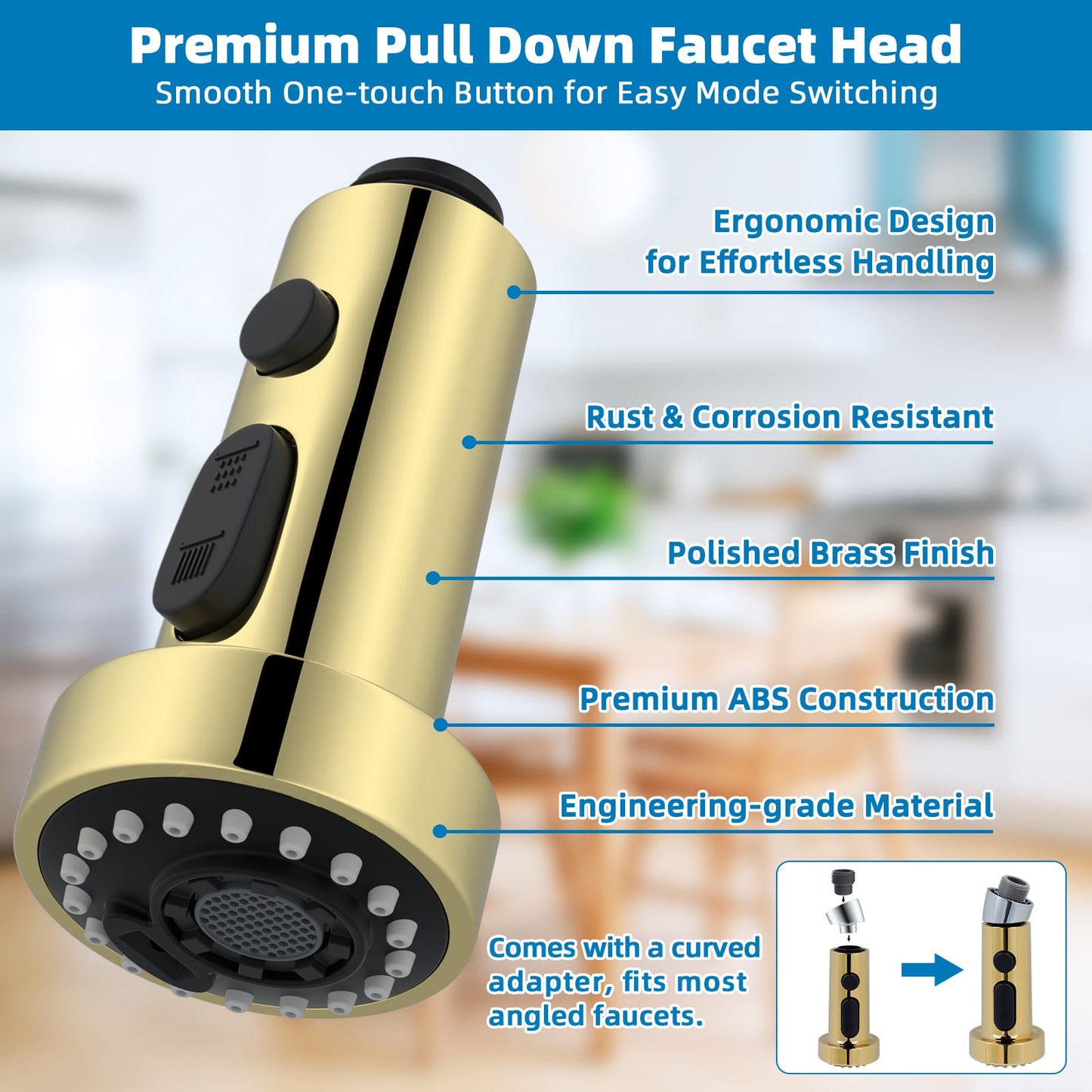 Hibbent Shop Faucet Accessories Hibbent Pull Down Kitchen Faucet Head Replacement, 3 Function Sink Faucet Sprayer Head Nozzle with 15 Adapters, Compatible with Moen, Delta, Kohler Faucets, Polished Brass Hibbent Pull Down Kitchen Faucet Head Replacement, 3 Function Sink Faucet Sprayer Head Nozzle with 15 Adapters, Compatible with Moen, Delta, Kohler Faucets, Polished Brass