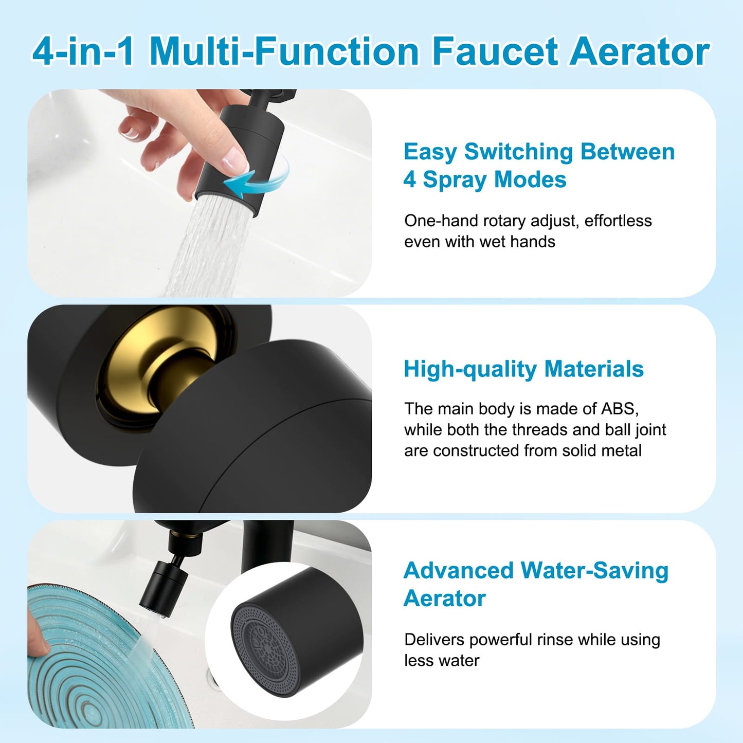 Hibbent Shop Faucet Aerator Hibbent 4-Mode Faucet Aerator, Faucet Sprayer Attachment, Matte Black NSF/ANSI/CAN 372 Certified, 360° Swivel Kitchen & Bathroom Sink Aerator, Faucet Replacement Part, 55/64 Inch Female Thread Hibbent 4-Mode Faucet Aerator, Faucet Sprayer Attachment, Matte Black NSF/ANSI/CAN 372 Certified, 360° Swivel Kitchen & Bathroom Sink Aerator, Faucet Replacement Part, 55/64 Inch Female Thread