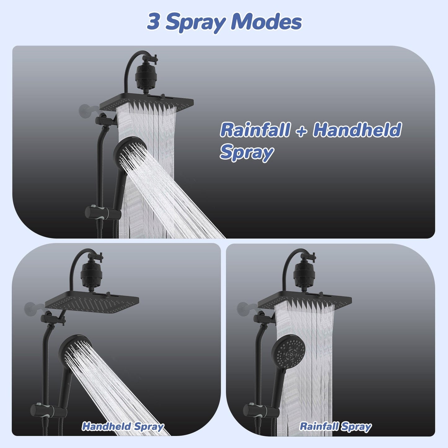 Hibbent Shop Hibbent 5-spray Filtered Rainfall Shower Head Combo, High Pressure 13'' Showerhead with 10 Spray Modes Handheld, All Metal 3 way Diverter Shower Arm, 71'' Hose and Holder, Matte Black Hibbent 5-spray Filtered Rainfall Shower Head Combo, High Pressure 13'' Showerhead with 10 Spray Modes Handheld, All Metal 3 way Diverter Shower Arm, 71'' Hose and Holder, Matte Black