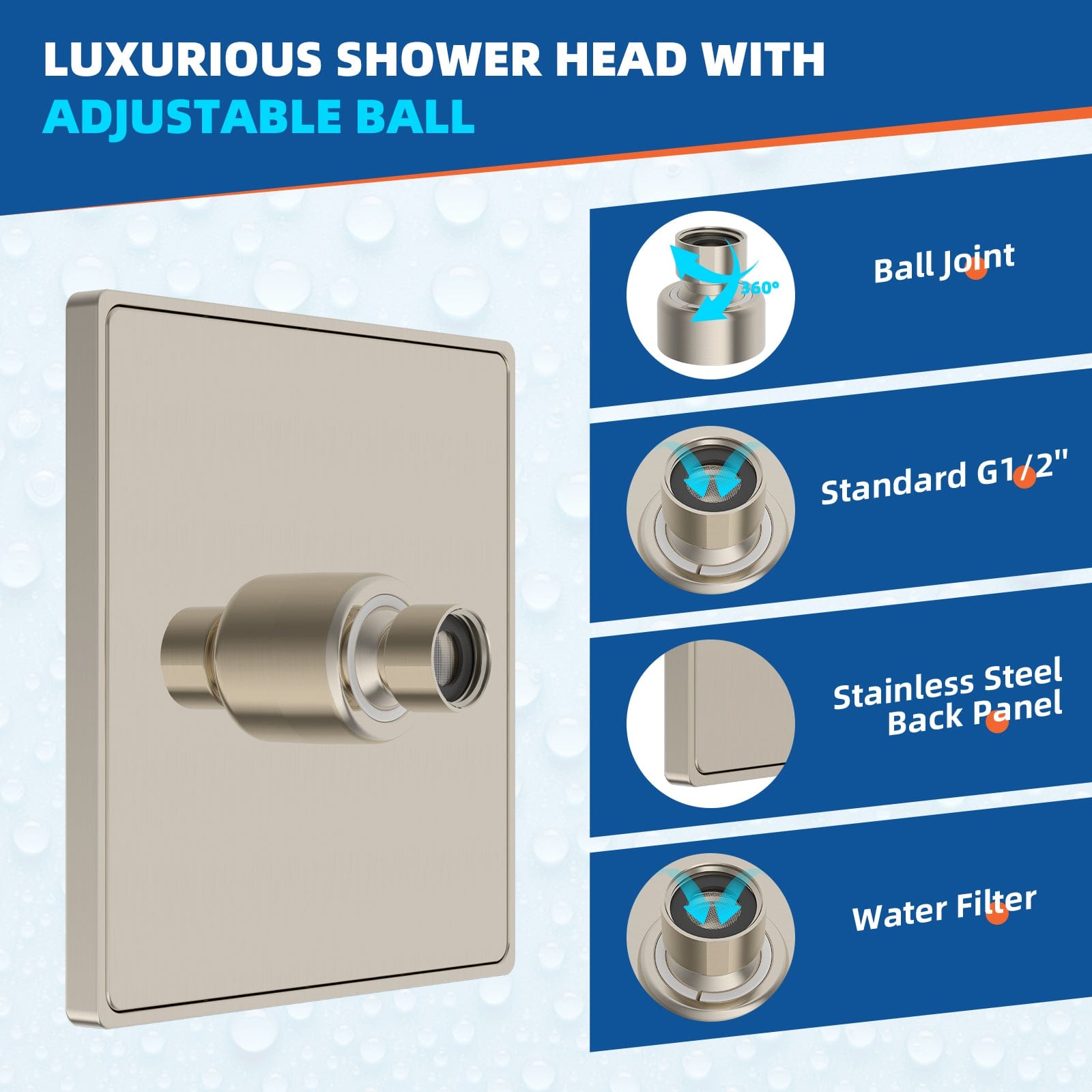 Hibbent Shop Hibbent Thickness Metal Rain Shower Head, 6'' High Pressure Rainfall Shower Head, Square Bathroom Waterfall Shower Heads, High Flow Fixed Showerheads with Adjustable Brass Ball Joint, Brushed Nickel Hibbent Thickness Metal Rain Shower Head, 6'' High Pressure Rainfall Shower Head, Square Bathroom Waterfall Shower Heads, High Flow Fixed Showerheads with Adjustable Brass Ball Joint, Brushed Nickel