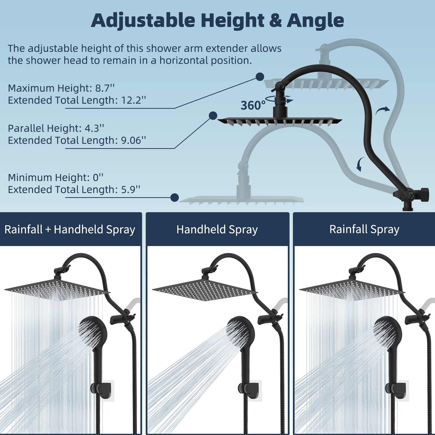 Hibbent Shop Shower Heads Hibbent 12'' All Metal CUPC Certified Shower Head, High Pressure Rainfall Shower Head, Handheld Showerhead Combo, 12'' Adjustable Extension Arm, 10-Spray, 71'' Hose, Showerhead Holder, Matte Black Hibbent 12'' All Metal CUPC Certified Shower Head, High Pressure Rainfall Shower Head, Handheld Showerhead Combo, 12'' Adjustable Extension Arm, 10-Spray, 71'' Hose, Showerhead Holder, Matte Black