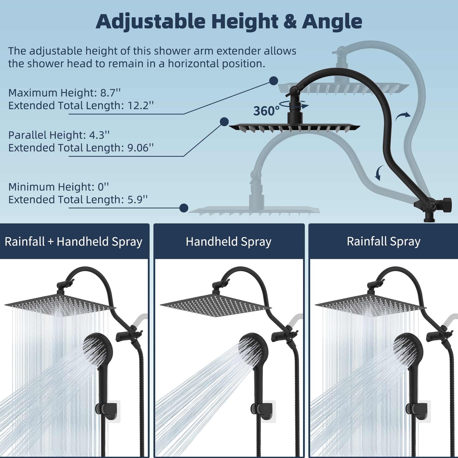 Hibbent Shop Shower Heads Hibbent 12'' All Metal CUPC Certified Shower Head, High Pressure Rainfall Shower Head, Handheld Showerhead Combo, 12'' Adjustable Extension Arm, 10-Spray, 71'' Hose, Showerhead Holder, Matte Black Hibbent 12'' All Metal CUPC Certified Shower Head, High Pressure Rainfall Shower Head, Handheld Showerhead Combo, 12'' Adjustable Extension Arm, 10-Spray, 71'' Hose, Showerhead Holder, Matte Black