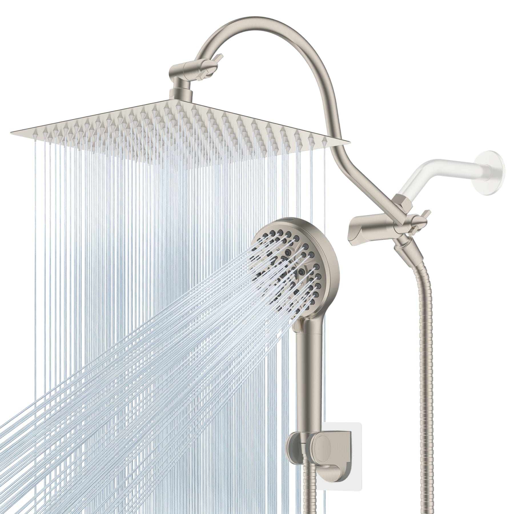 Hibbent Shop Shower Heads Hibbent 12'' All Metal Shower Head, High Pressure Rainfall Shower Head/Handheld Showerhead Combo/ 12'' Adjustable Curved Shower Extension Arm, 10-Spray, 71'' Adhesive Showerhead Holder, Brushed Nickel Hibbent 12'' All Metal Shower Head, High Pressure Rainfall Shower Head/Handheld Showerhead Combo/ 12'' Adjustable Curved Shower Extension Arm, 10-Spray, 71'' Adhesive Showerhead Holder, Brushed Nickel
