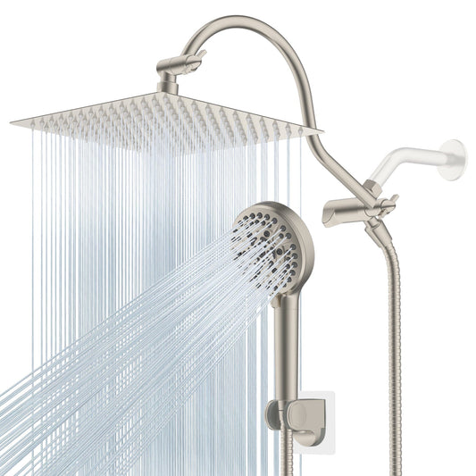 Hibbent Shop Shower Heads Hibbent 12'' All Metal Shower Head, High Pressure Rainfall Shower Head/Handheld Showerhead Combo/ 12'' Adjustable Curved Shower Extension Arm, 10-Spray, 71'' Adhesive Showerhead Holder, Brushed Nickel Hibbent 12'' All Metal Shower Head, High Pressure Rainfall Shower Head/Handheld Showerhead Combo/ 12'' Adjustable Curved Shower Extension Arm, 10-Spray, 71'' Adhesive Showerhead Holder, Brushed Nickel