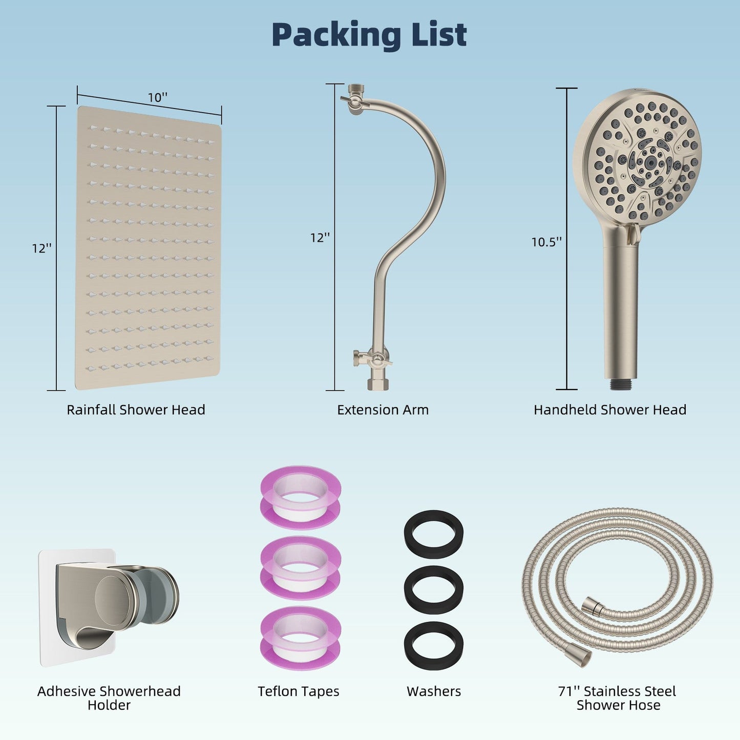 Hibbent Shop Shower Heads Hibbent 12'' All Metal Shower Head, High Pressure Rainfall Shower Head/Handheld Showerhead Combo/ 12'' Adjustable Curved Shower Extension Arm, 10-Spray, 71'' Adhesive Showerhead Holder, Brushed Nickel Hibbent 12'' All Metal Shower Head, High Pressure Rainfall Shower Head/Handheld Showerhead Combo/ 12'' Adjustable Curved Shower Extension Arm, 10-Spray, 71'' Adhesive Showerhead Holder, Brushed Nickel