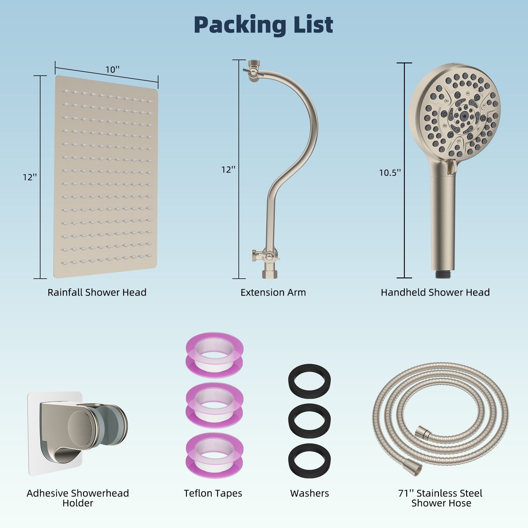 Hibbent Shop Shower Heads Hibbent 12'' All Metal Shower Head, High Pressure Rainfall Shower Head/Handheld Showerhead Combo/ 12'' Adjustable Curved Shower Extension Arm, 10-Spray, 71'' Adhesive Showerhead Holder, Brushed Nickel Hibbent 12'' All Metal Shower Head, High Pressure Rainfall Shower Head/Handheld Showerhead Combo/ 12'' Adjustable Curved Shower Extension Arm, 10-Spray, 71'' Adhesive Showerhead Holder, Brushed Nickel