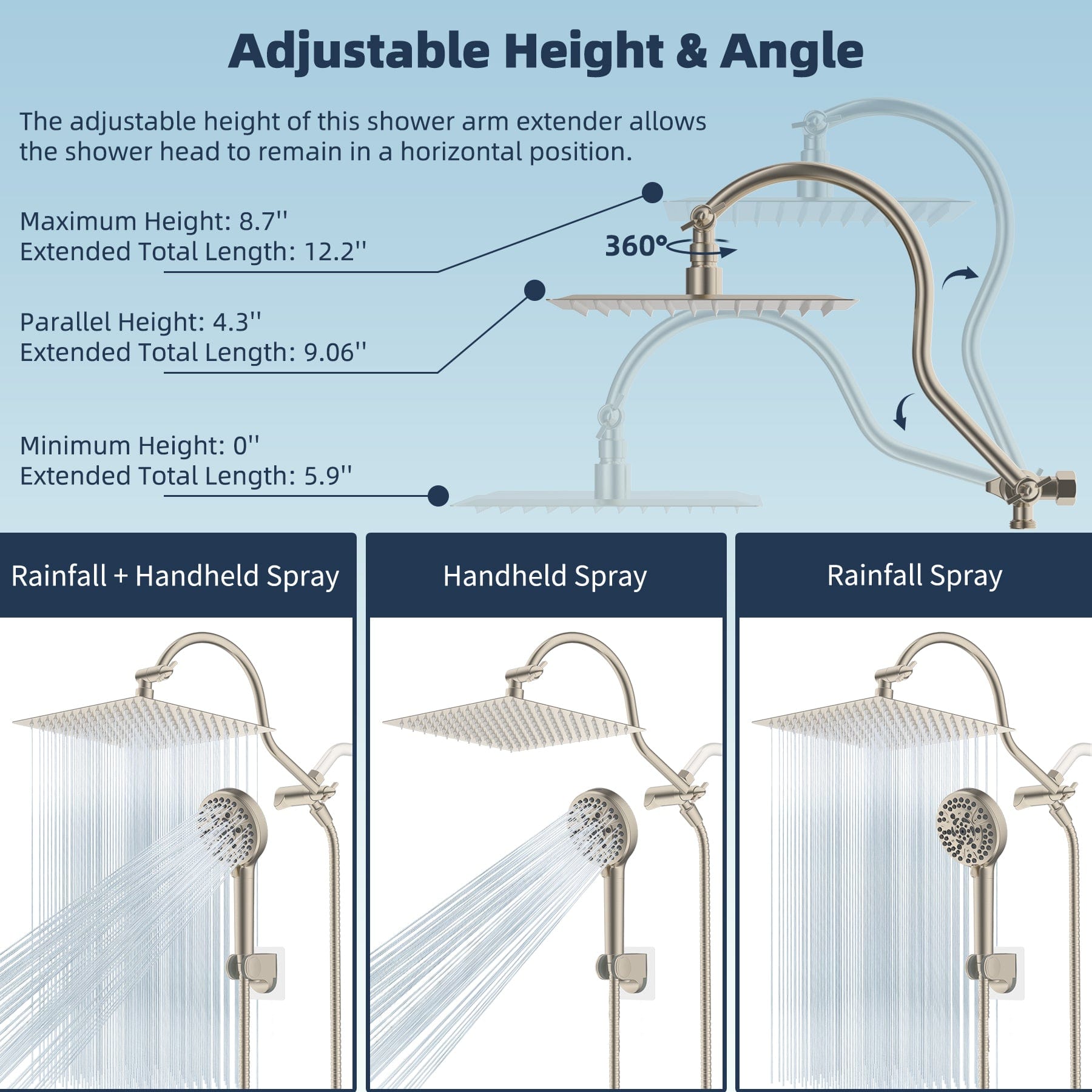 Hibbent Shop Shower Heads Hibbent 12'' All Metal Shower Head, High Pressure Rainfall Shower Head/Handheld Showerhead Combo/ 12'' Adjustable Curved Shower Extension Arm, 10-Spray, 71'' Adhesive Showerhead Holder, Brushed Nickel Hibbent 12'' All Metal Shower Head, High Pressure Rainfall Shower Head/Handheld Showerhead Combo/ 12'' Adjustable Curved Shower Extension Arm, 10-Spray, 71'' Adhesive Showerhead Holder, Brushed Nickel