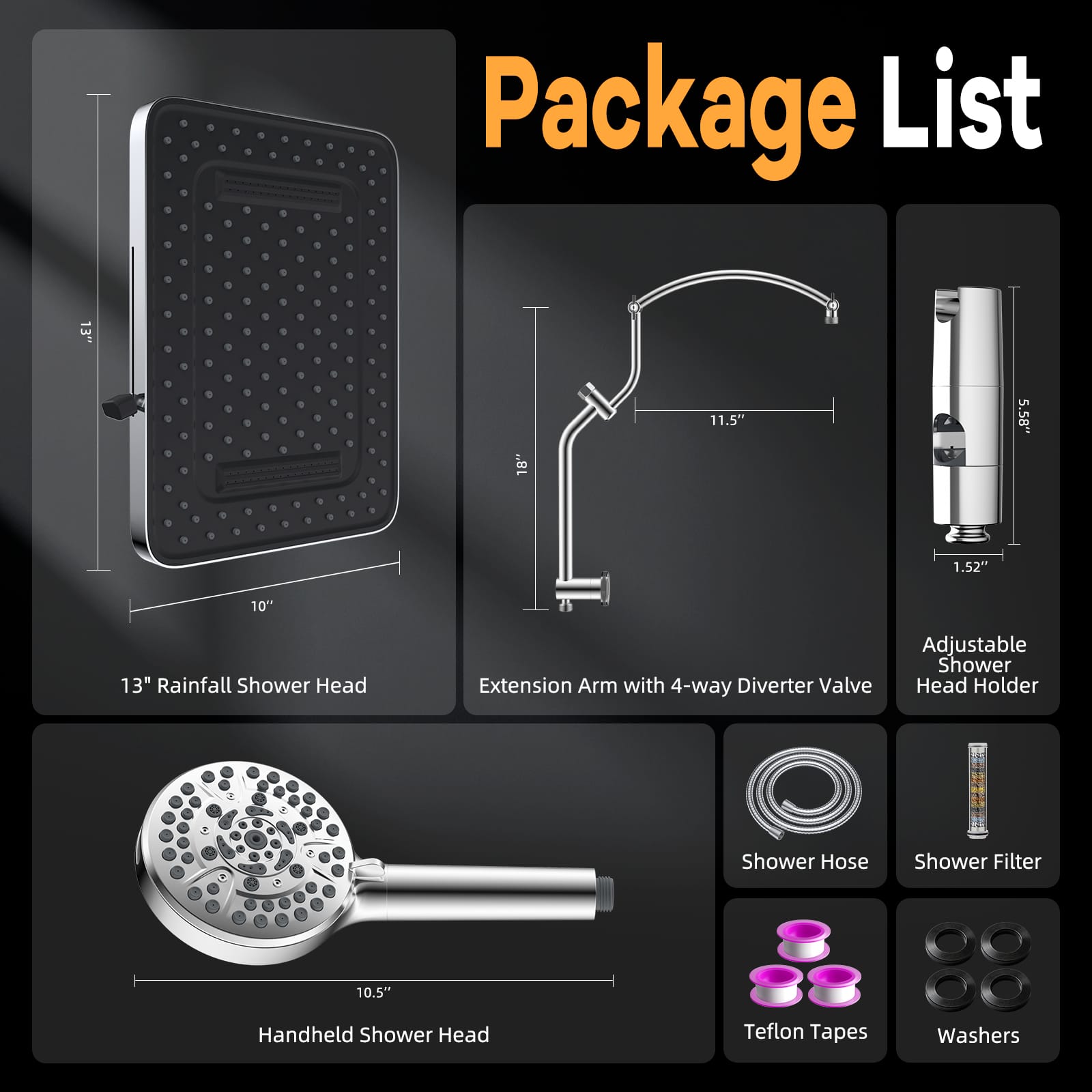 Hibbent Shop Shower Heads Hibbent 13'' Rain Showerhead Combo, 10 Mode Filtered Handheld Spray | High Pressure 5-Spray Showerhead, 4-way Diverter, Upgraded Heightened All Metal Extension Arm, 71'' Hose & Holder, Easy Reach Hibbent 13'' Rain Showerhead Combo, 10 Mode Filtered Handheld Spray | High Pressure 5-Spray Showerhead, 4-way Diverter, Upgraded Heightened All Metal Extension Arm, 71'' Hose & Holder, Easy Reach