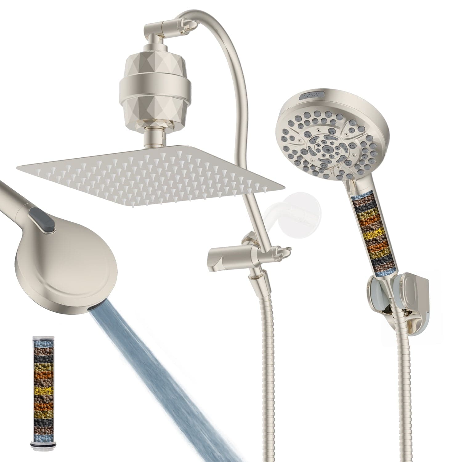 Hibbent Shop Shower Heads Hibbent All Metal 10'' Dual Filtered Rainfall Shower Head Combo, High Pressure Handheld Shower Head with 12'' Adjustable Extension Arm, 20 Stage Shower Filter, 10-spray, 71'' Hose Hibbent All Metal 10'' Dual Filtered Rainfall Shower Head Combo, High Pressure Handheld Shower Head with 12'' Adjustable Extension Arm, 20 Stage Shower Filter, 10-spray, 71'' Hose