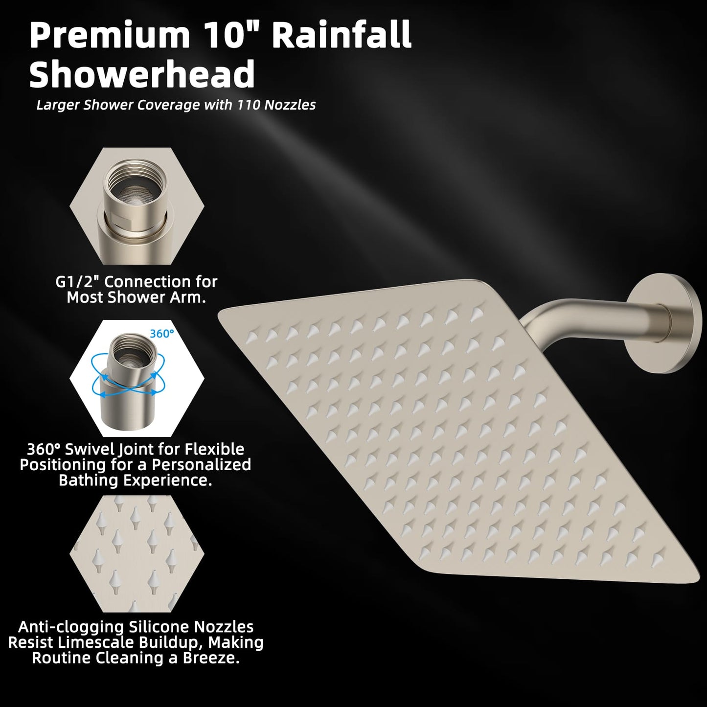 Hibbent Shop Shower Heads Hibbent All Metal 10x9 Inch Shower Head, High Pressure Stainless Steel Rain Showerheads, Bathroom Rainfall Showerhead with Ultra-thin Design, Adjustable Brass Joint, Silicone Nozzles, Brushed Nickel Hibbent All Metal 10x9 Inch Shower Head, High Pressure Stainless Steel Rain Showerheads, Bathroom Rainfall Showerhead with Ultra-thin Design, Adjustable Brass Joint, Silicone Nozzles, Brushed Nickel