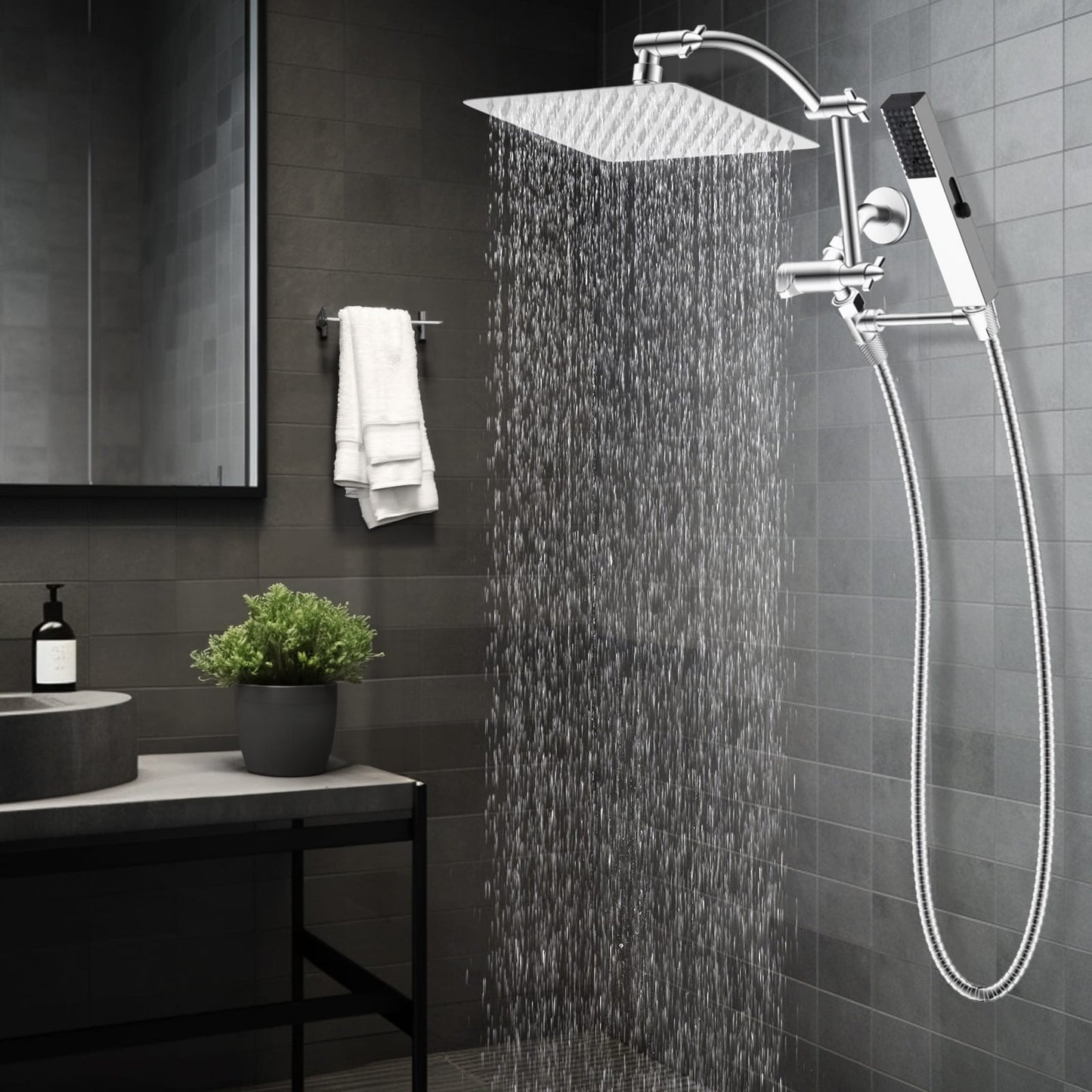 Hibbent Shop Shower Heads Hibbent All Metal CUPC Certified 10'' Rainfall Shower Head, Dual Shower Head Combo, High Pressure Handheld 4 Sprays Shower Wand, 16'' Adjustable Extension Arm, 71'' Hose, Shower Holder, Chrome Hibbent All Metal CUPC Certified 10'' Rainfall Shower Head, Dual Shower Head Combo, High Pressure Handheld 4 Sprays Shower Wand, 16'' Adjustable Extension Arm, 71'' Hose, Shower Holder, Chrome