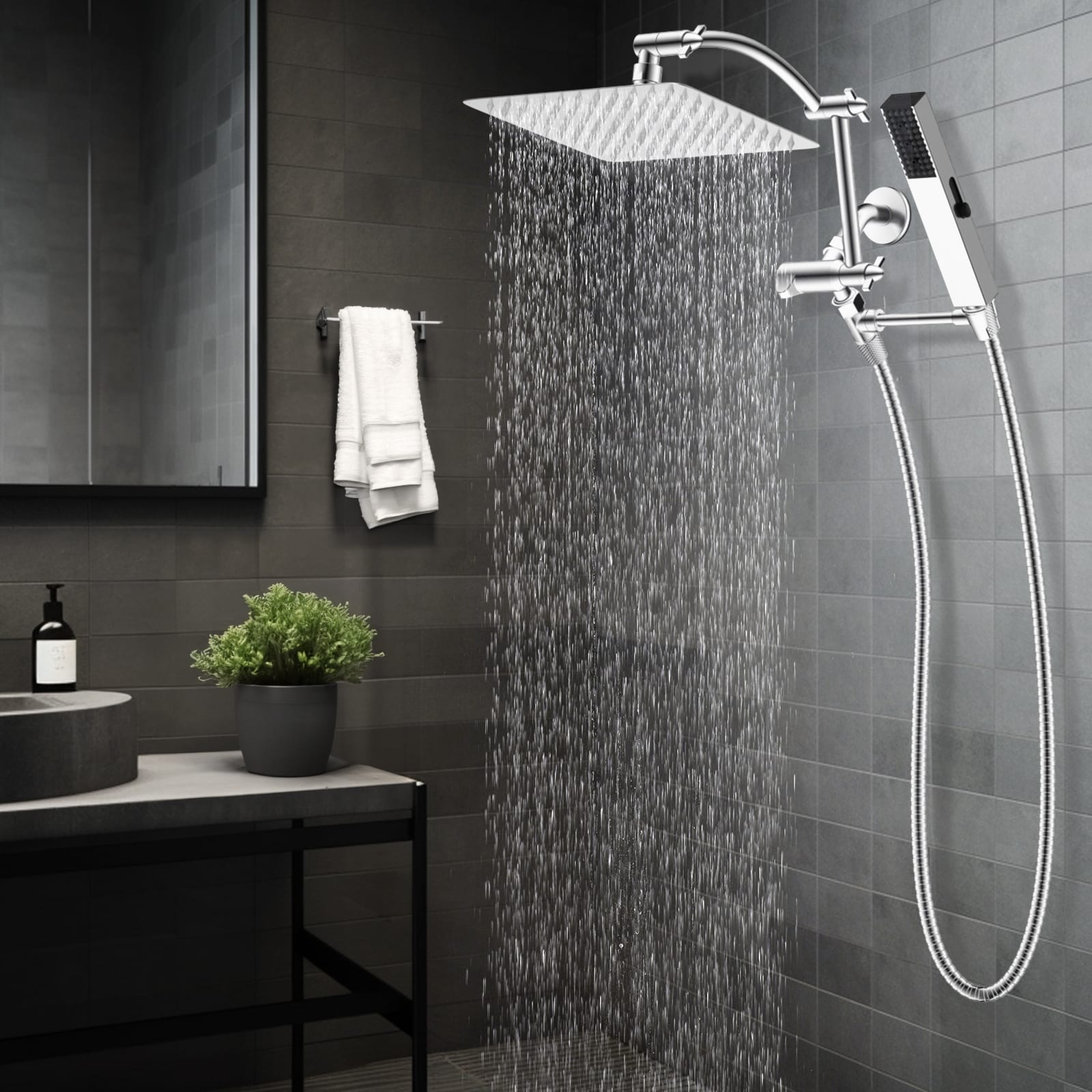 Hibbent Shop Shower Heads Hibbent All Metal CUPC Certified 10'' Rainfall Shower Head, Dual Shower Head Combo, High Pressure Handheld 4 Sprays Shower Wand, 16'' Adjustable Extension Arm, 71'' Hose, Shower Holder, Chrome Hibbent All Metal CUPC Certified 10'' Rainfall Shower Head, Dual Shower Head Combo, High Pressure Handheld 4 Sprays Shower Wand, 16'' Adjustable Extension Arm, 71'' Hose, Shower Holder, Chrome