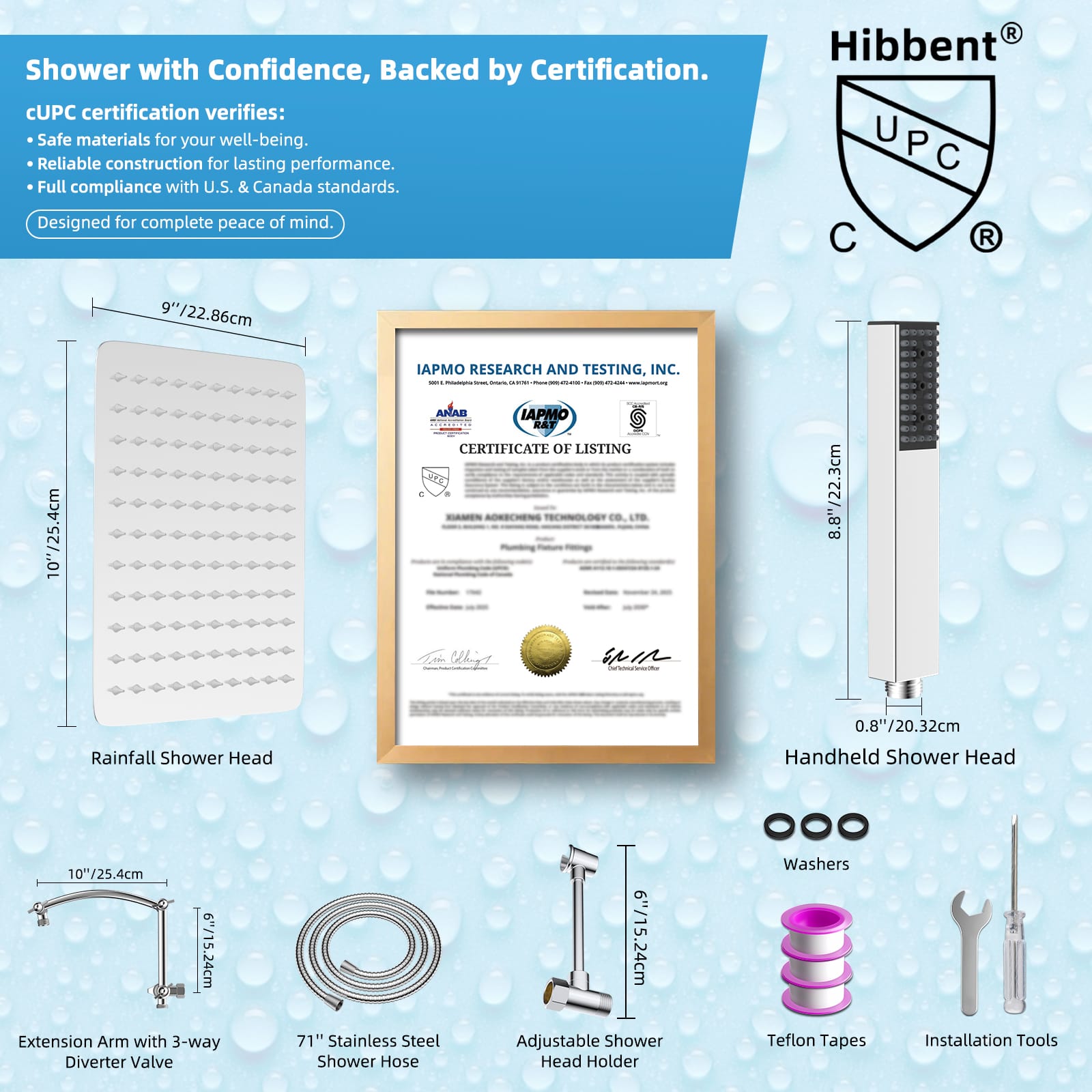 Hibbent Shop Shower Heads Hibbent All Metal CUPC Certified 10'' Rainfall Shower Head, Dual Shower Head Combo, High Pressure Handheld 4 Sprays Shower Wand, 16'' Adjustable Extension Arm, 71'' Hose, Shower Holder, Chrome Hibbent All Metal CUPC Certified 10'' Rainfall Shower Head, Dual Shower Head Combo, High Pressure Handheld 4 Sprays Shower Wand, 16'' Adjustable Extension Arm, 71'' Hose, Shower Holder, Chrome