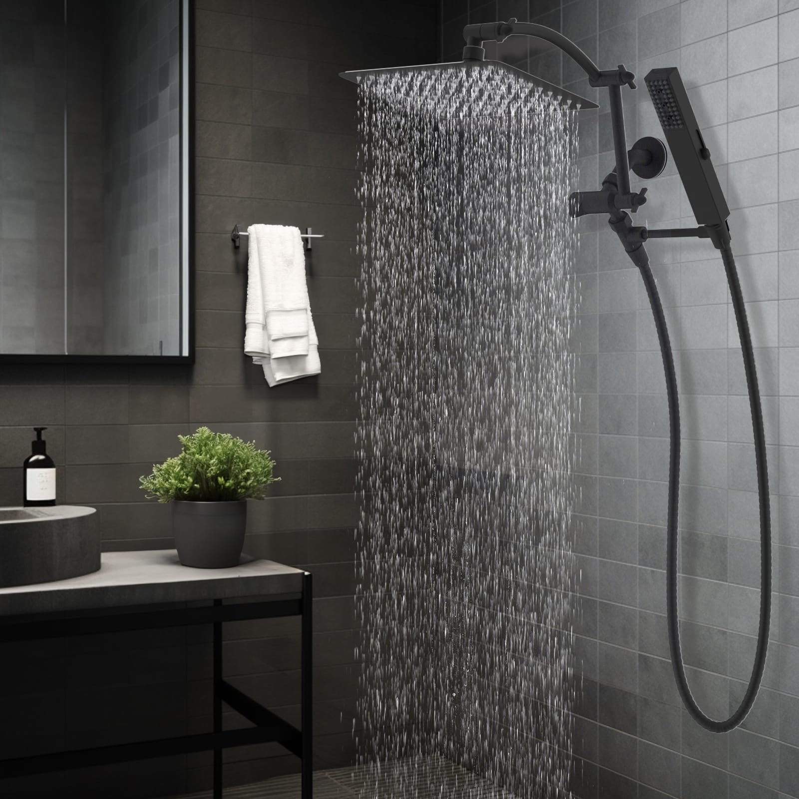 Hibbent Shop Shower Heads Hibbent All Metal CUPC Certified 10'' Rainfall Shower Head, Dual Shower Head Combo, High Pressure Handheld 4 Sprays Shower Wand, 16'' Adjustable Extension Arm, 71'' Hose, Shower Holder, Matte Black Hibbent All Metal CUPC Certified 10'' Rainfall Shower Head, Dual Shower Head Combo, High Pressure Handheld 4 Sprays Shower Wand, 16'' Adjustable Extension Arm, 71'' Hose, Shower Holder, Matte Black