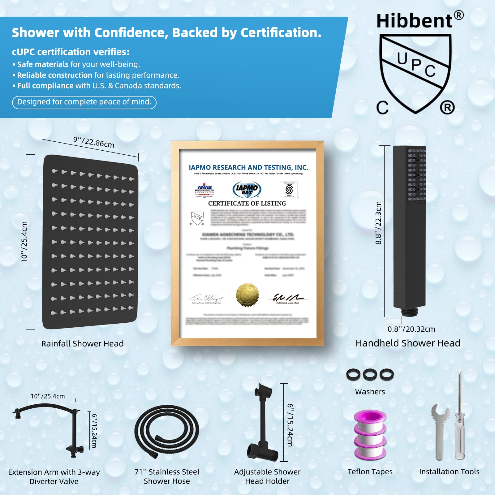Hibbent Shop Shower Heads Hibbent All Metal CUPC Certified 10'' Rainfall Shower Head, Dual Shower Head Combo, High Pressure Handheld 4 Sprays Shower Wand, 16'' Adjustable Extension Arm, 71'' Hose, Shower Holder, Matte Black Hibbent All Metal CUPC Certified 10'' Rainfall Shower Head, Dual Shower Head Combo, High Pressure Handheld 4 Sprays Shower Wand, 16'' Adjustable Extension Arm, 71'' Hose, Shower Holder, Matte Black