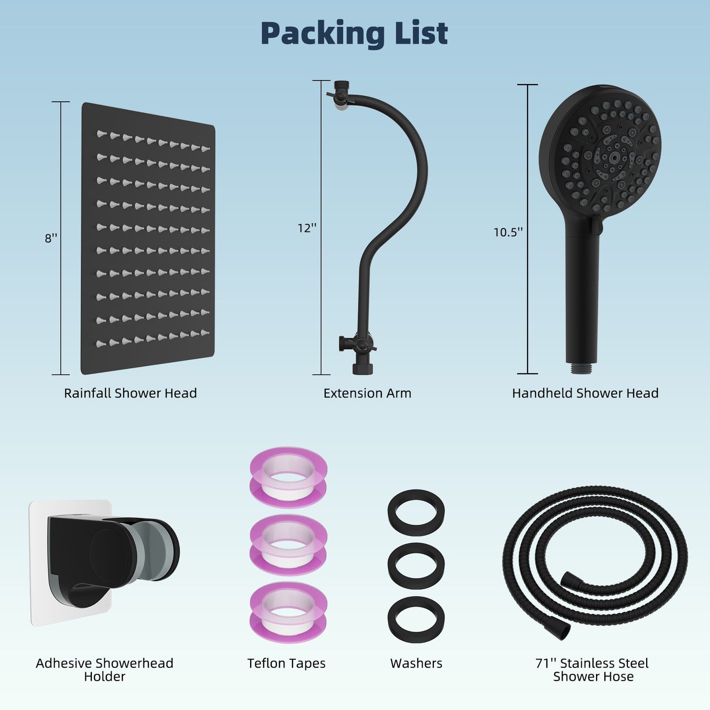 Hibbent Shop Shower Heads Hibbent All Metal CUPC Certified Shower Head, 8'' High Pressure Rainfall Shower Head, Handheld Showerhead Combo, 12'' Adjustable Extension Arm, 10 Sprays, 71'' Hose, Shower Holder, Matte Black Hibbent All Metal CUPC Certified Shower Head, 8'' High Pressure Rainfall Shower Head, Handheld Showerhead Combo, 12'' Adjustable Extension Arm, 10 Sprays, 71'' Hose, Shower Holder, Matte Black