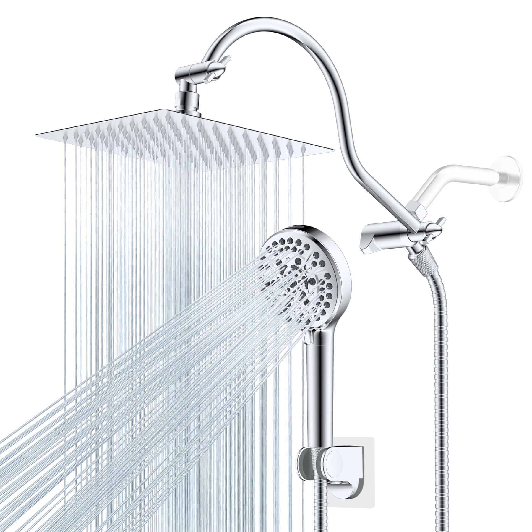 Hibbent Shop Shower Heads Hibbent All Metal CUPC Certified Shower Head, 8'' High Pressure Rainfall Shower Head, Handheld Showerhead Combo, 12'' Adjustable Extension Arm, 10 Sprays, 71'' Shower Hose, Showerhead Holder, Chrome Hibbent All Metal CUPC Certified Shower Head, 8'' High Pressure Rainfall Shower Head, Handheld Showerhead Combo, 12'' Adjustable Extension Arm, 10 Sprays, 71'' Shower Hose, Showerhead Holder, Chrome