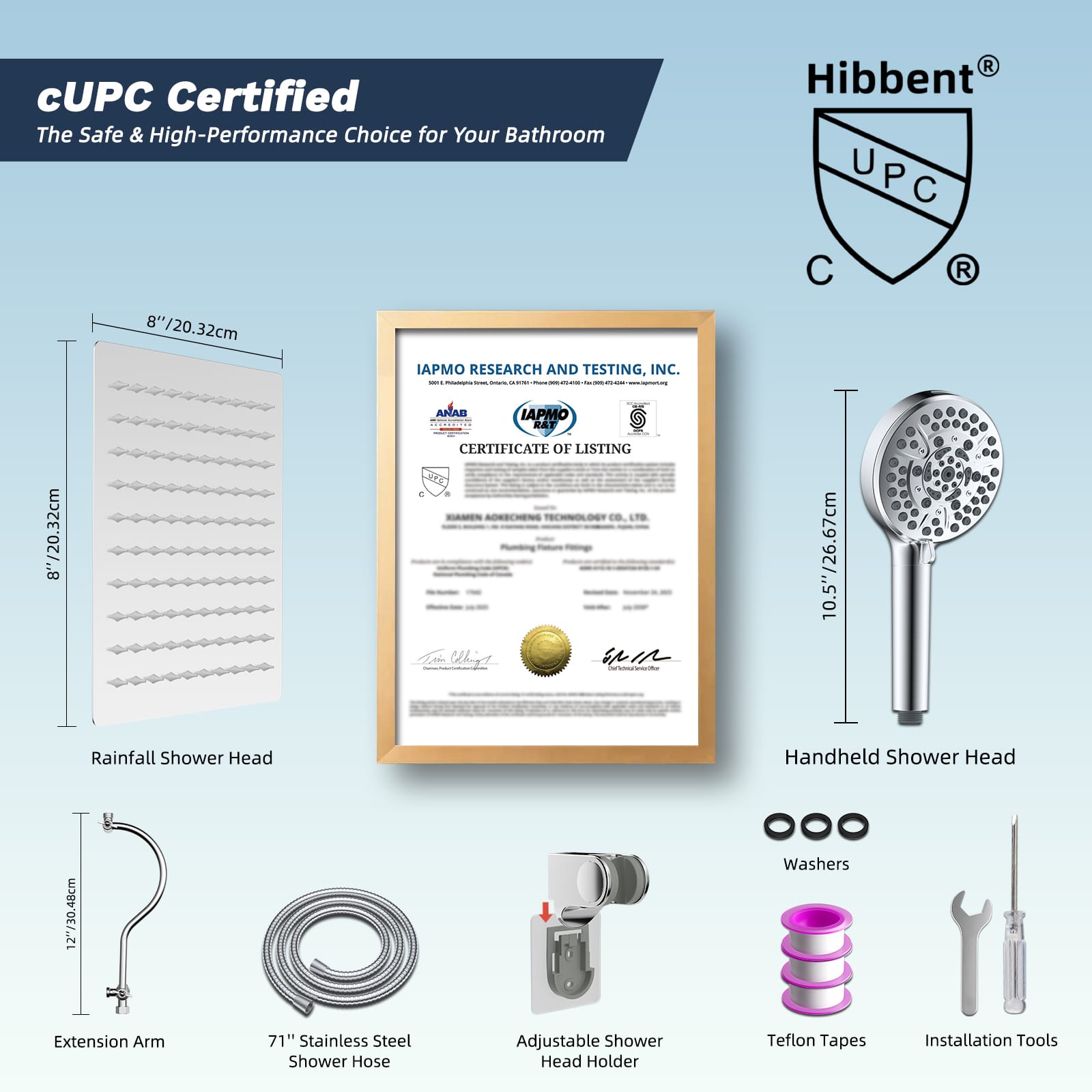 Hibbent Shop Shower Heads Hibbent All Metal CUPC Certified Shower Head, 8'' High Pressure Rainfall Shower Head, Handheld Showerhead Combo, 12'' Adjustable Extension Arm, 10 Sprays, 71'' Shower Hose, Showerhead Holder, Chrome Hibbent All Metal CUPC Certified Shower Head, 8'' High Pressure Rainfall Shower Head, Handheld Showerhead Combo, 12'' Adjustable Extension Arm, 10 Sprays, 71'' Shower Hose, Showerhead Holder, Chrome