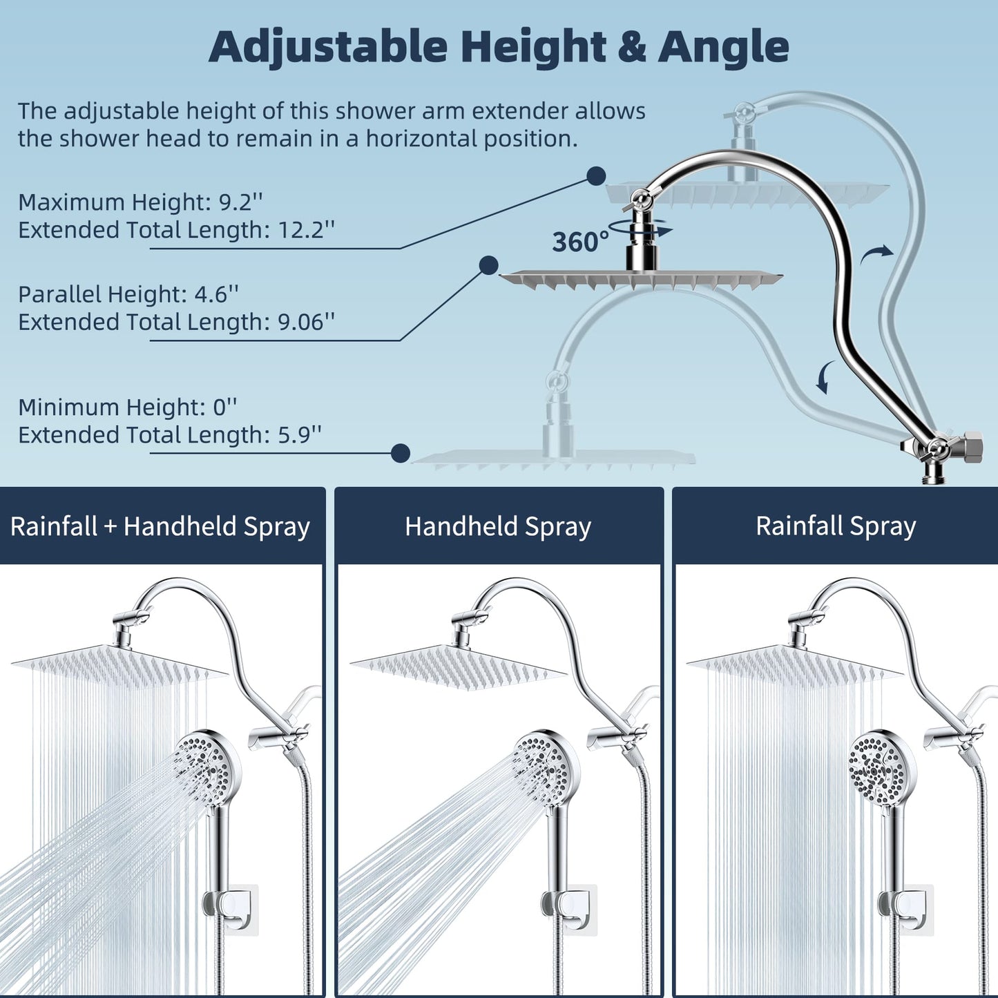 Hibbent Shop Shower Heads Hibbent All Metal CUPC Certified Shower Head, 8'' High Pressure Rainfall Shower Head, Handheld Showerhead Combo, 12'' Adjustable Extension Arm, 10 Sprays, 71'' Shower Hose, Showerhead Holder, Chrome Hibbent All Metal CUPC Certified Shower Head, 8'' High Pressure Rainfall Shower Head, Handheld Showerhead Combo, 12'' Adjustable Extension Arm, 10 Sprays, 71'' Shower Hose, Showerhead Holder, Chrome