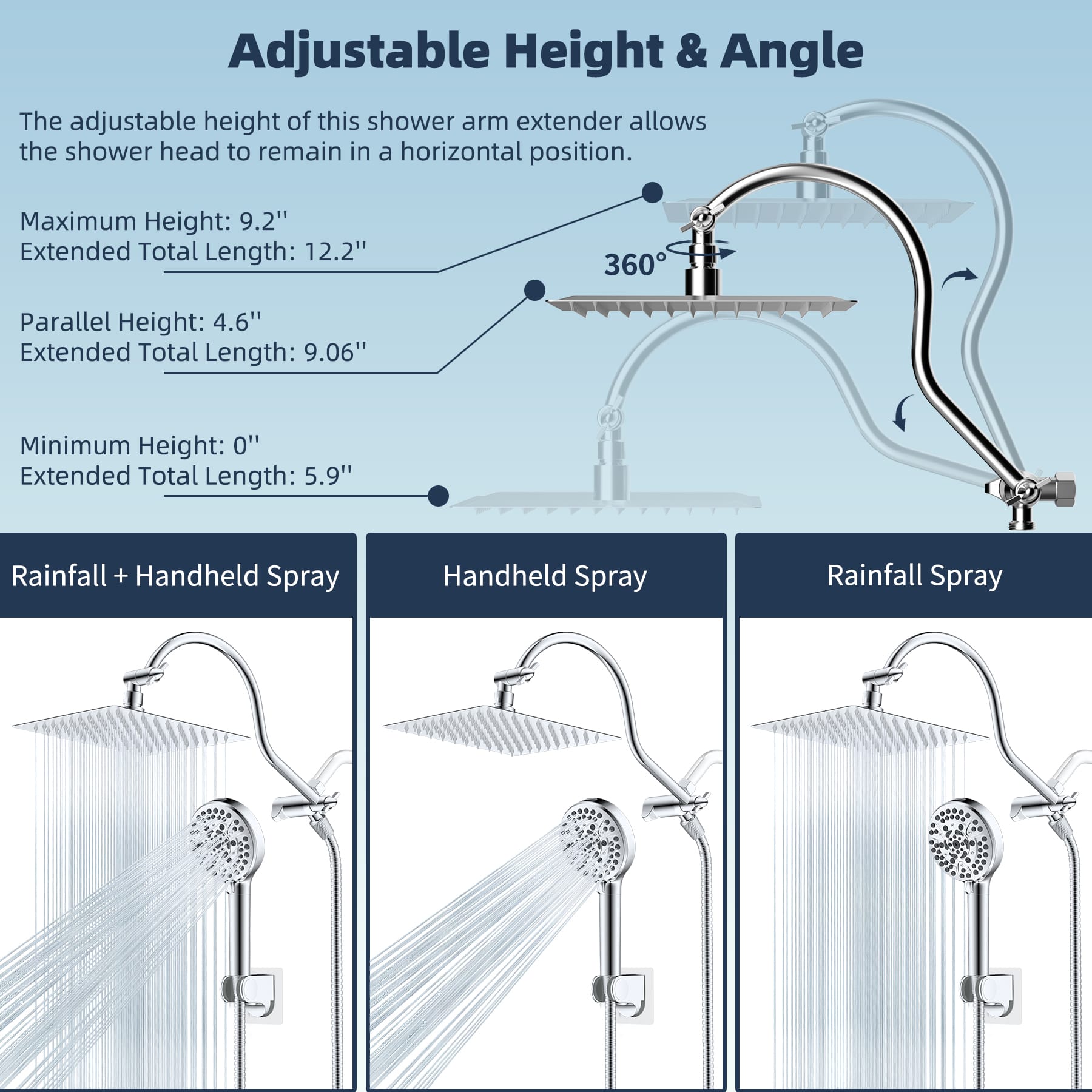 Hibbent Shop Shower Heads Hibbent All Metal CUPC Certified Shower Head, 8'' High Pressure Rainfall Shower Head, Handheld Showerhead Combo, 12'' Adjustable Extension Arm, 10 Sprays, 71'' Shower Hose, Showerhead Holder, Chrome Hibbent All Metal CUPC Certified Shower Head, 8'' High Pressure Rainfall Shower Head, Handheld Showerhead Combo, 12'' Adjustable Extension Arm, 10 Sprays, 71'' Shower Hose, Showerhead Holder, Chrome