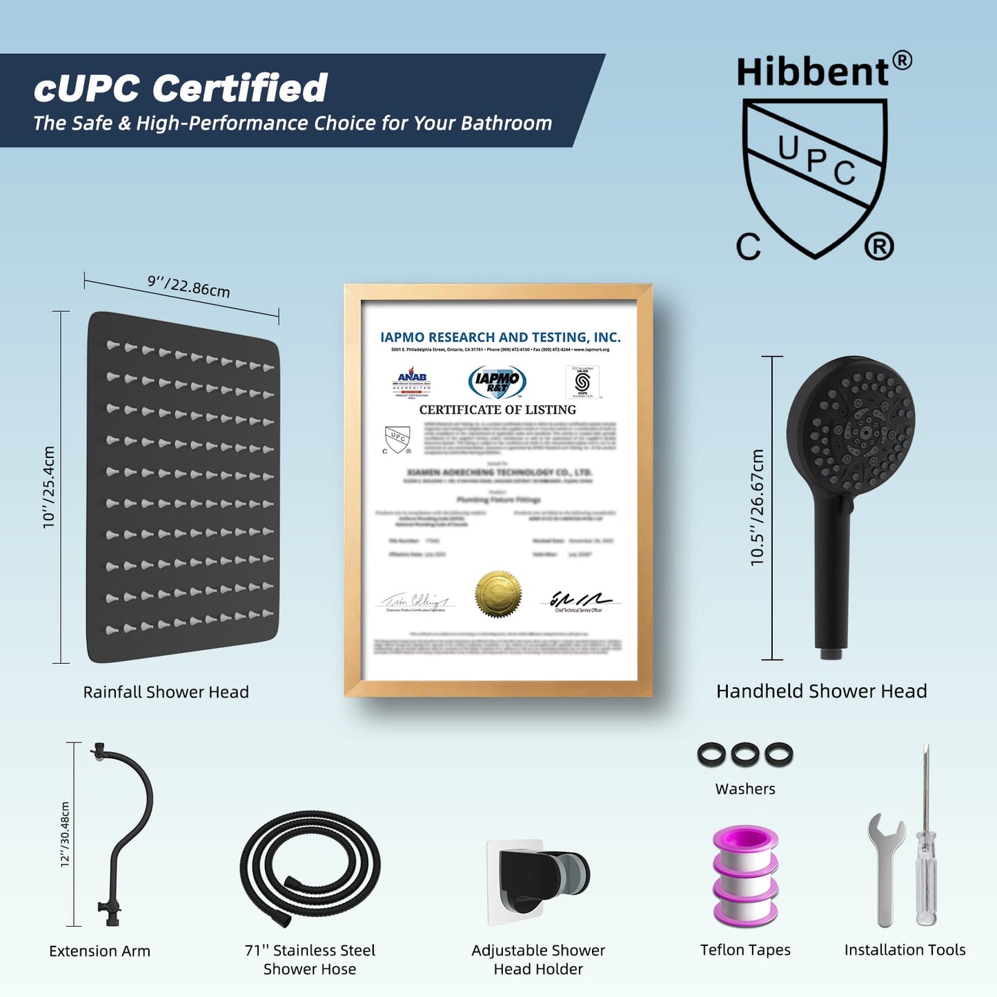 Hibbent Shop Shower Heads Hibbent All Metal High Pressure Rainfall 10'' Shower Head, CUPC Certified Handheld Showerhead Combo, 12'' Adjustable Shower Extension Arm, 10-Spray, 71'' Hose, Adhesive Showerhead Holder, Matte Black Hibbent All Metal High Pressure Rainfall 10'' Shower Head, CUPC Certified Handheld Showerhead Combo, 12'' Adjustable Shower Extension Arm, 10-Spray, 71'' Hose, Adhesive Showerhead Holder, Matte Black
