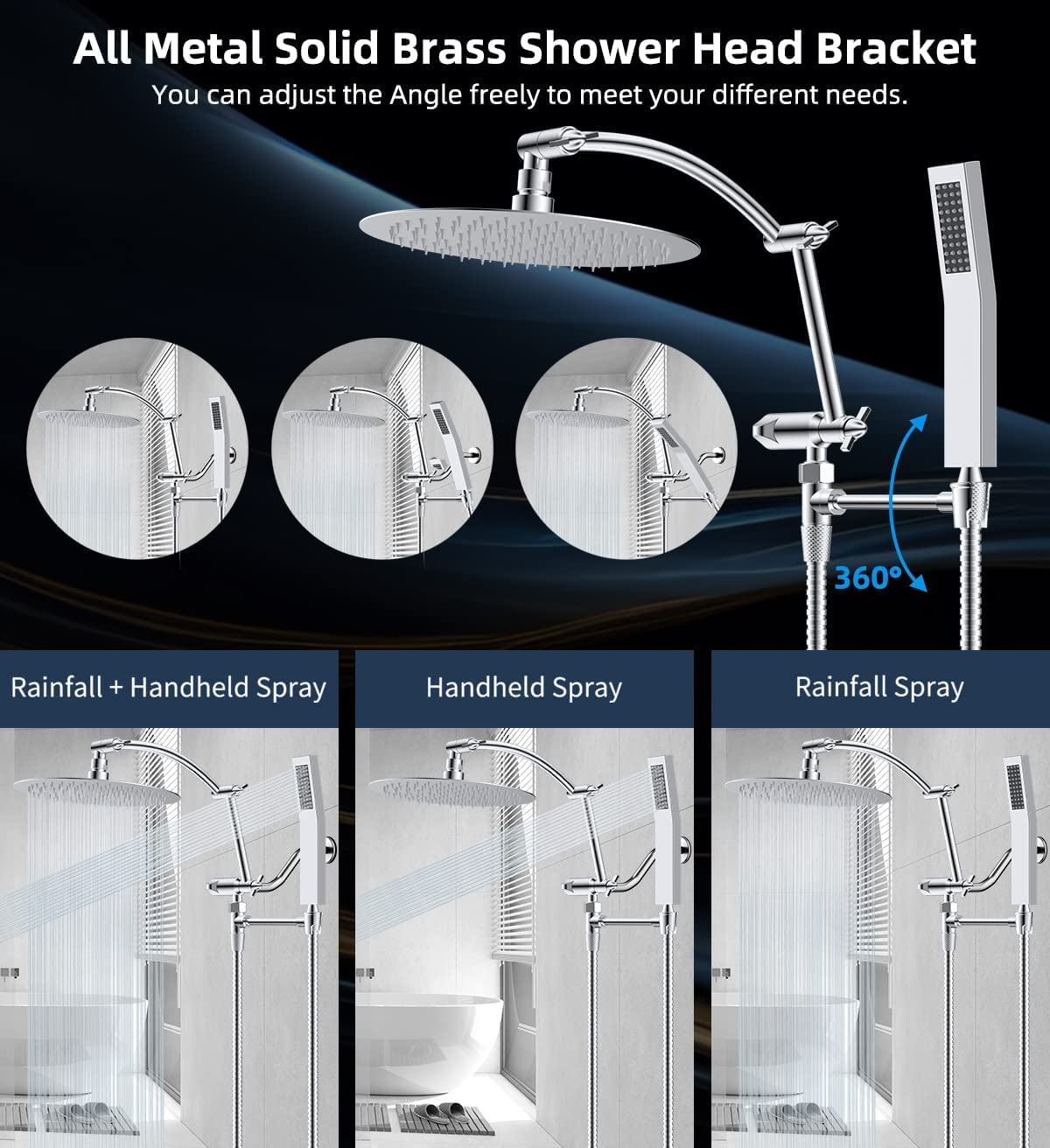Hibbent Shop Shower Heads Hibbent All Metal Rain Shower Head Combo & Handheld Shower Wand Adjustable Arc-shaped Extension Arm