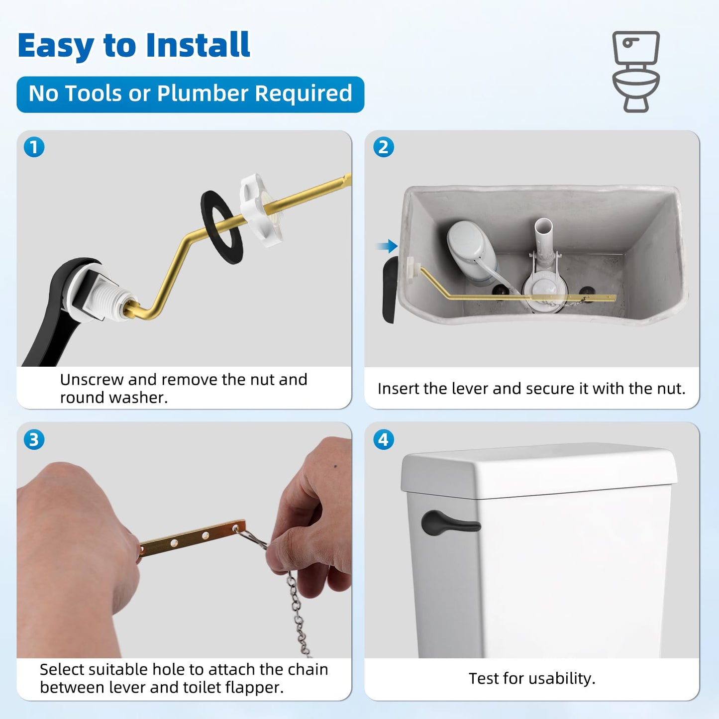 Hibbent Shop Toilet Tank Levers Hibbent Universal Metal Side Mount Toilet Handle with Stainless Steel Flapper Chains, Brass Toilet Flush Lever Replacement Kit with 4 Adjustable Holes for Most Side-Mount Toilets, Matte Black Hibbent Universal Metal Side Mount Toilet Handle with Stainless Steel Flapper Chains, Brass Toilet Flush Lever Replacement Kit with 4 Adjustable Holes for Most Side-Mount Toilets, Matte Black