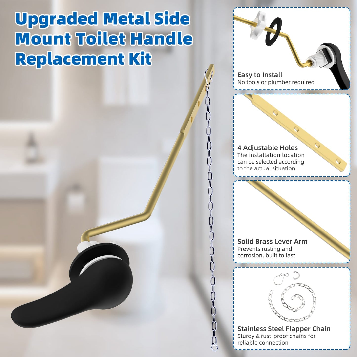 Hibbent Shop Toilet Tank Levers Hibbent Universal Metal Side Mount Toilet Handle with Stainless Steel Flapper Chains, Brass Toilet Flush Lever Replacement Kit with 4 Adjustable Holes for Most Side-Mount Toilets, Matte Black Hibbent Universal Metal Side Mount Toilet Handle with Stainless Steel Flapper Chains, Brass Toilet Flush Lever Replacement Kit with 4 Adjustable Holes for Most Side-Mount Toilets, Matte Black