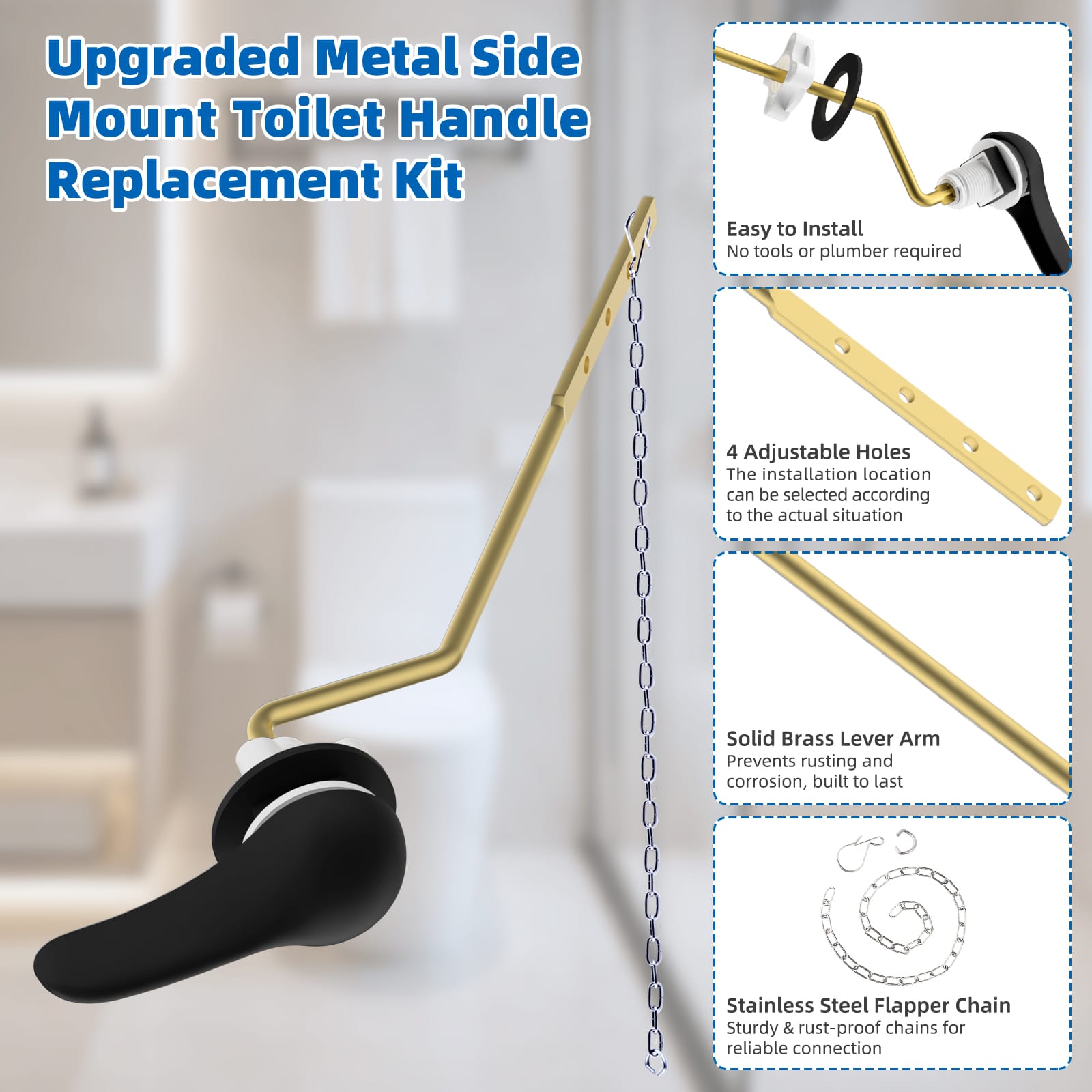 Hibbent Shop Toilet Tank Levers Hibbent Universal Metal Side Mount Toilet Handle with Stainless Steel Flapper Chains, Brass Toilet Flush Lever Replacement Kit with 4 Adjustable Holes for Most Side-Mount Toilets, Matte Black Hibbent Universal Metal Side Mount Toilet Handle with Stainless Steel Flapper Chains, Brass Toilet Flush Lever Replacement Kit with 4 Adjustable Holes for Most Side-Mount Toilets, Matte Black