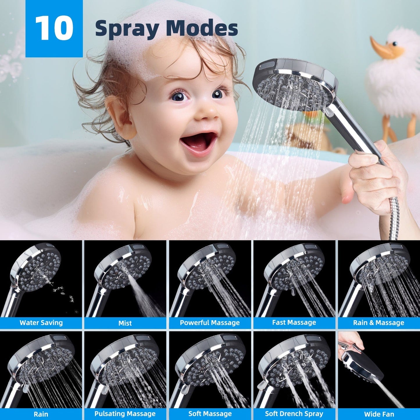 Hibbent Shower Heads Hibbent All Metal 10'' Dual Filtered Rainfall Shower Head Combo, High Pressure Handheld Shower Head with 12'' Adjustable Curved Extension Arm, 20 Stage Shower Filter, 10-spray, 71'' Hose