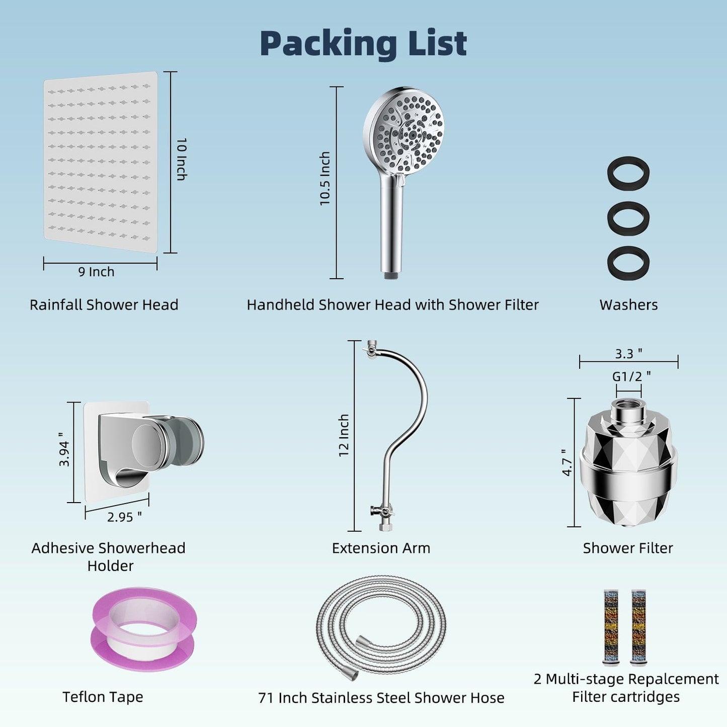Hibbent Shower Heads Hibbent All Metal 10'' Dual Filtered Rainfall Shower Head Combo, High Pressure Handheld Shower Head with 12'' Adjustable Curved Extension Arm, 20 Stage Shower Filter, 10-spray, 71'' Hose