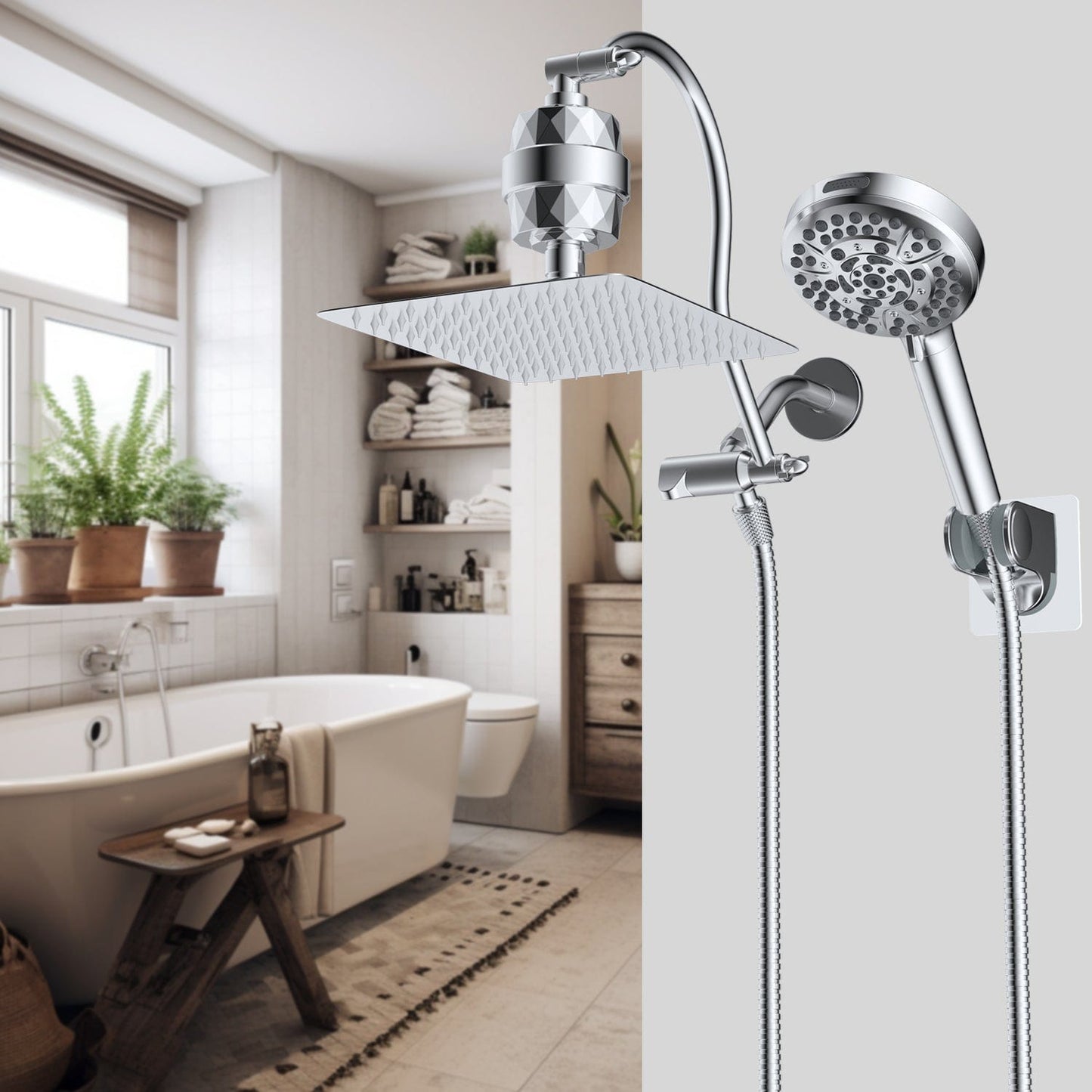 Hibbent Shower Heads Hibbent All Metal 10'' Dual Filtered Rainfall Shower Head Combo, High Pressure Handheld Shower Head with 12'' Adjustable Curved Extension Arm, 20 Stage Shower Filter, 10-spray, 71'' Hose
