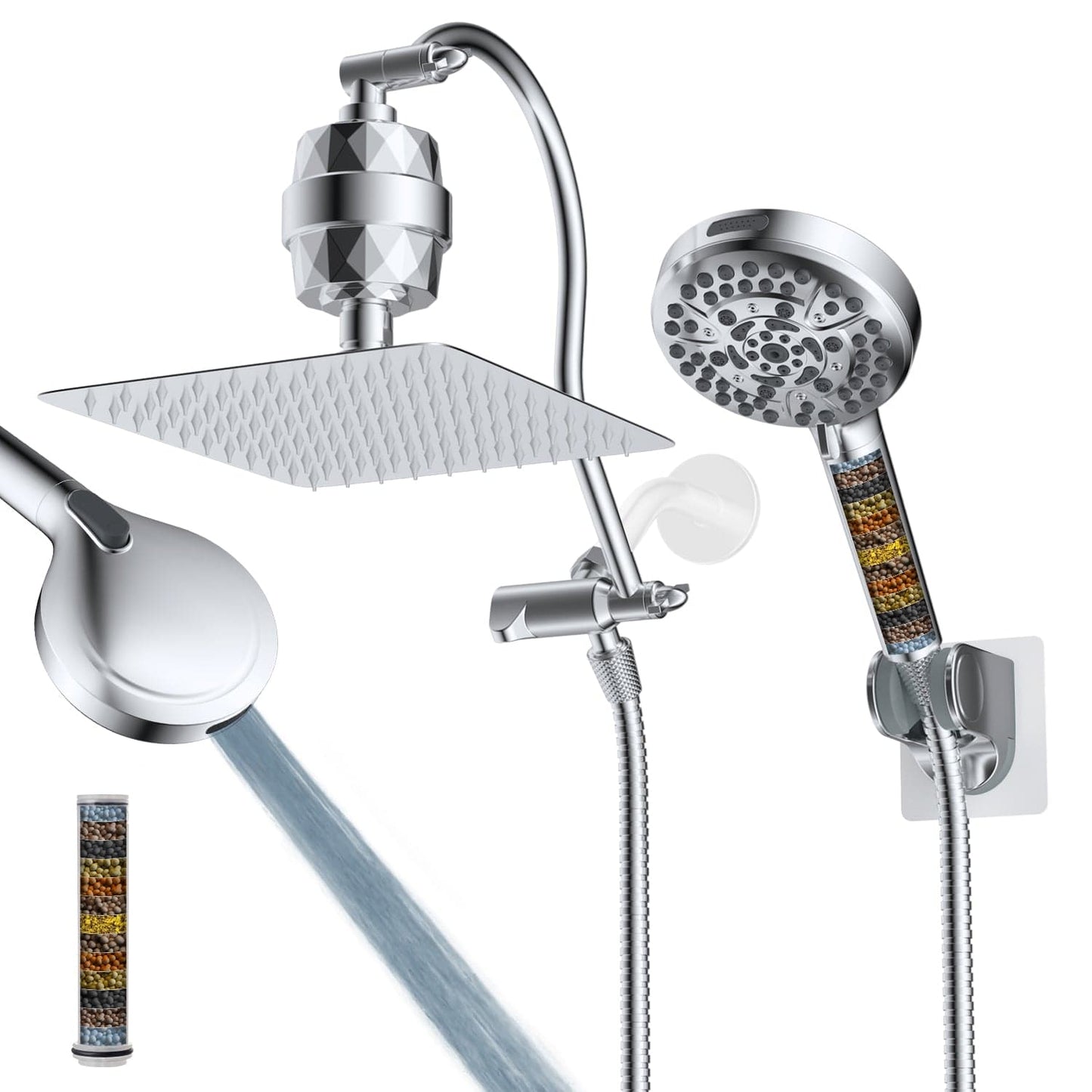 Hibbent Shower Heads Hibbent All Metal 10'' Dual Filtered Rainfall Shower Head Combo, High Pressure Handheld Shower Head with 12'' Adjustable Curved Extension Arm, 20 Stage Shower Filter, 10-spray, 71'' Hose