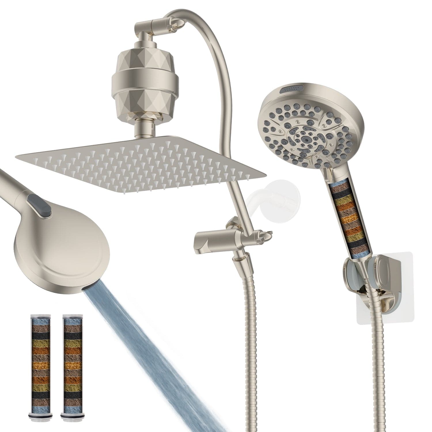 Hibbent Shower Heads Hibbent All Metal 10'' Dual Filtered Rainfall Shower Head Combo, High Pressure Handheld Shower Head with 12'' Adjustable Curved Extension Arm, 20 Stage Shower Filter, 10-spray, 71'' Hose