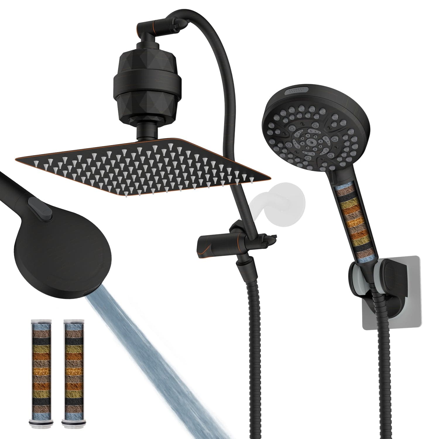 Hibbent Shower Heads Hibbent All Metal 10'' Dual Filtered Rainfall Shower Head Combo, High Pressure Handheld Shower Head with 12'' Adjustable Curved Extension Arm, 20 Stage Shower Filter, 10-spray, 71'' Hose