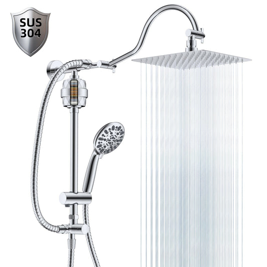 Hibbent Shower Heads Hibbent All Metal 10'' Filtered Rainfall Shower Head Combo for Easy Reach, High Pressure Shower Head System, Handheld Showerhead, Adjustable Holder, 18'' Extension Arm, Shower Filter, 7-spray