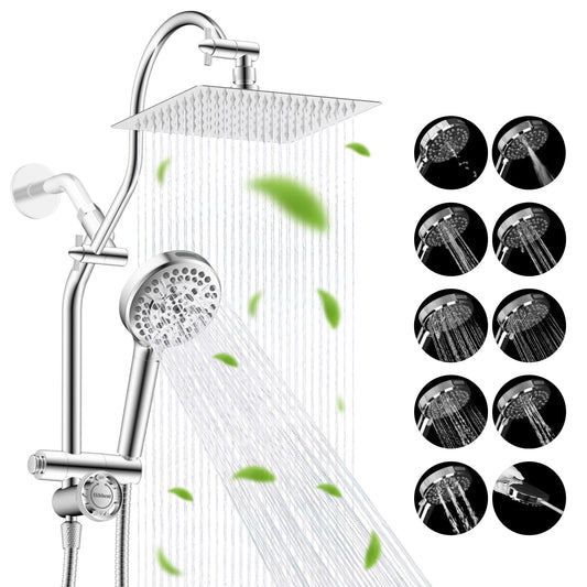 Hibbent Shower Heads Hibbent cUPC Certified All Metal 8" Rainfall Showerhead Combo, High Pressure Shower Head with 10-Spray Mode Handheld, Innovative 4-way Diverter with Pause Mode, 71'' Shower Hose and Holder Hibbent cUPC Certified All Metal 8" Rainfall Showerhead Combo, High Pressure Shower Head with 10-Spray Mode Handheld, Innovative 4-way Diverter with Pause Mode, 71'' Shower Hose and Holder