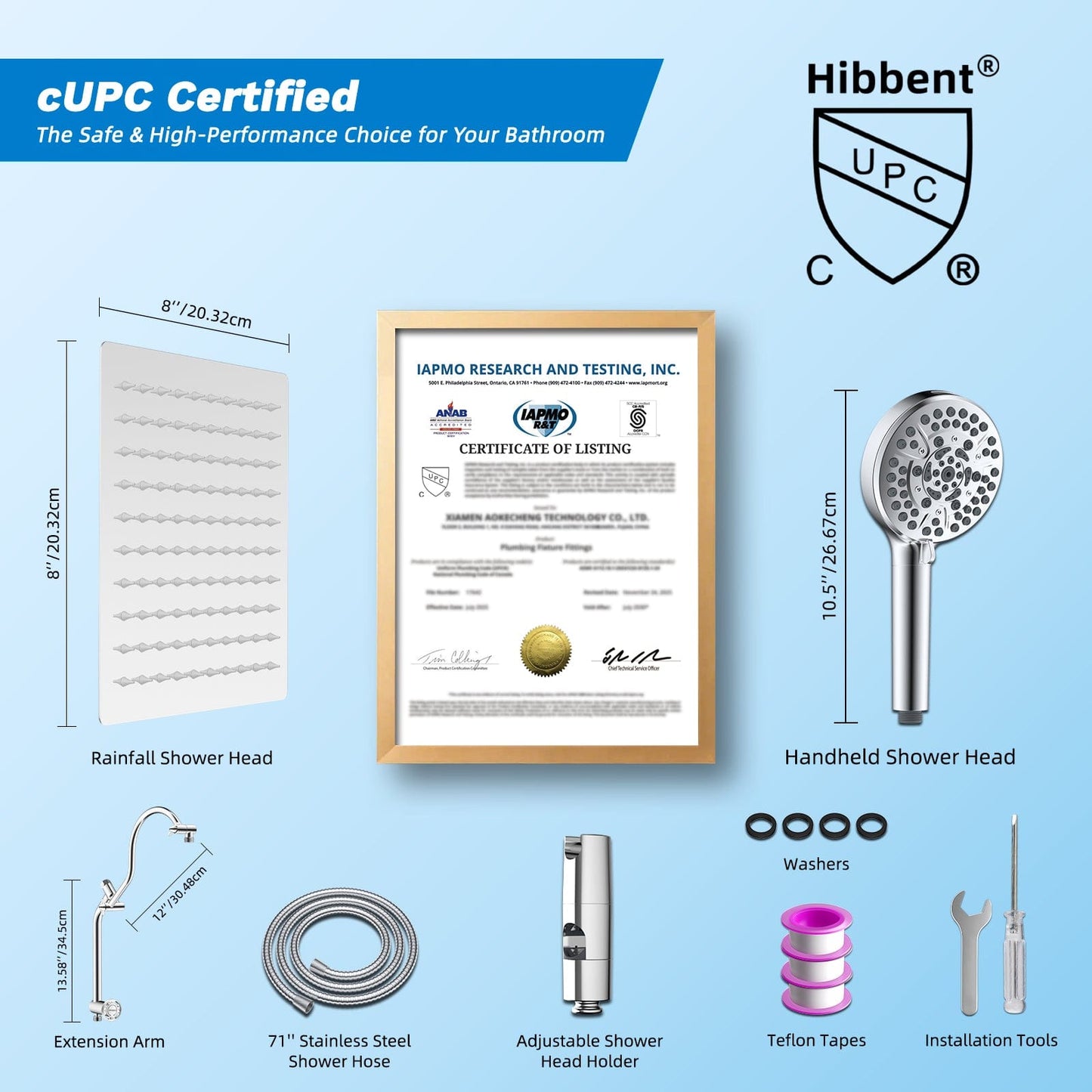 Hibbent Shower Heads Hibbent cUPC Certified All Metal 8" Rainfall Showerhead Combo, High Pressure Shower Head with 10-Spray Mode Handheld, Innovative 4-way Diverter with Pause Mode, 71'' Shower Hose and Holder Hibbent cUPC Certified All Metal 8" Rainfall Showerhead Combo, High Pressure Shower Head with 10-Spray Mode Handheld, Innovative 4-way Diverter with Pause Mode, 71'' Shower Hose and Holder