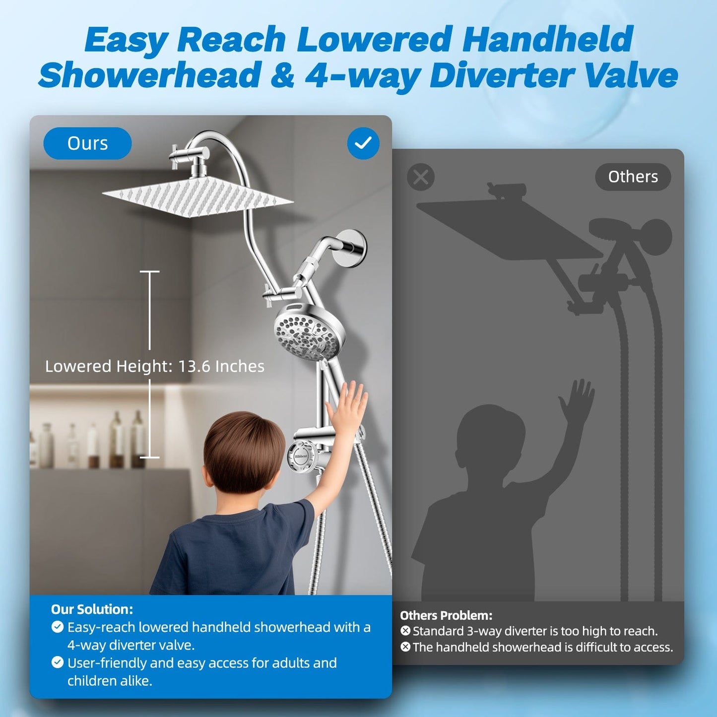Hibbent Shower Heads Hibbent cUPC Certified All Metal 8" Rainfall Showerhead Combo, High Pressure Shower Head with 10-Spray Mode Handheld, Innovative 4-way Diverter with Pause Mode, 71'' Shower Hose and Holder Hibbent cUPC Certified All Metal 8" Rainfall Showerhead Combo, High Pressure Shower Head with 10-Spray Mode Handheld, Innovative 4-way Diverter with Pause Mode, 71'' Shower Hose and Holder