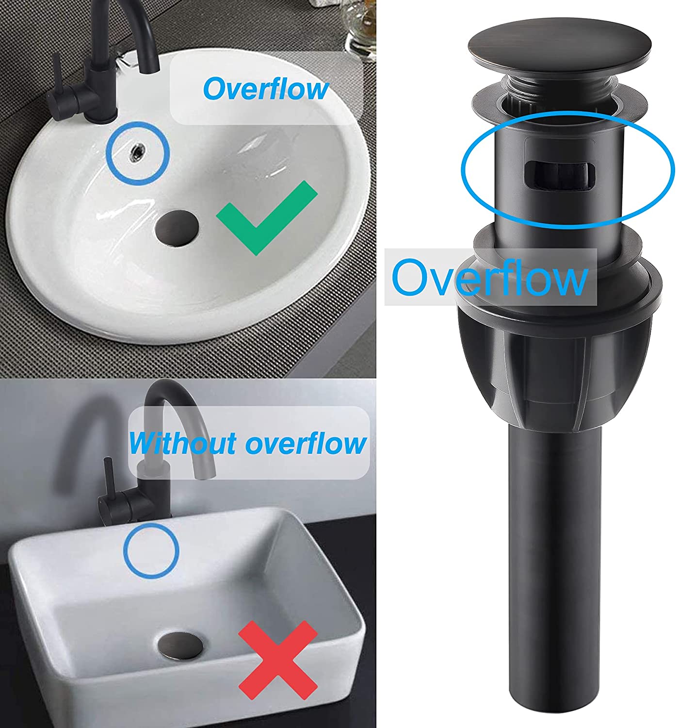 Hibbent 排水装置 2 Pack Push and Seal Pop Up Drain Stopper with Overflow for Bathroom Sink Faucet Vessel Vanity