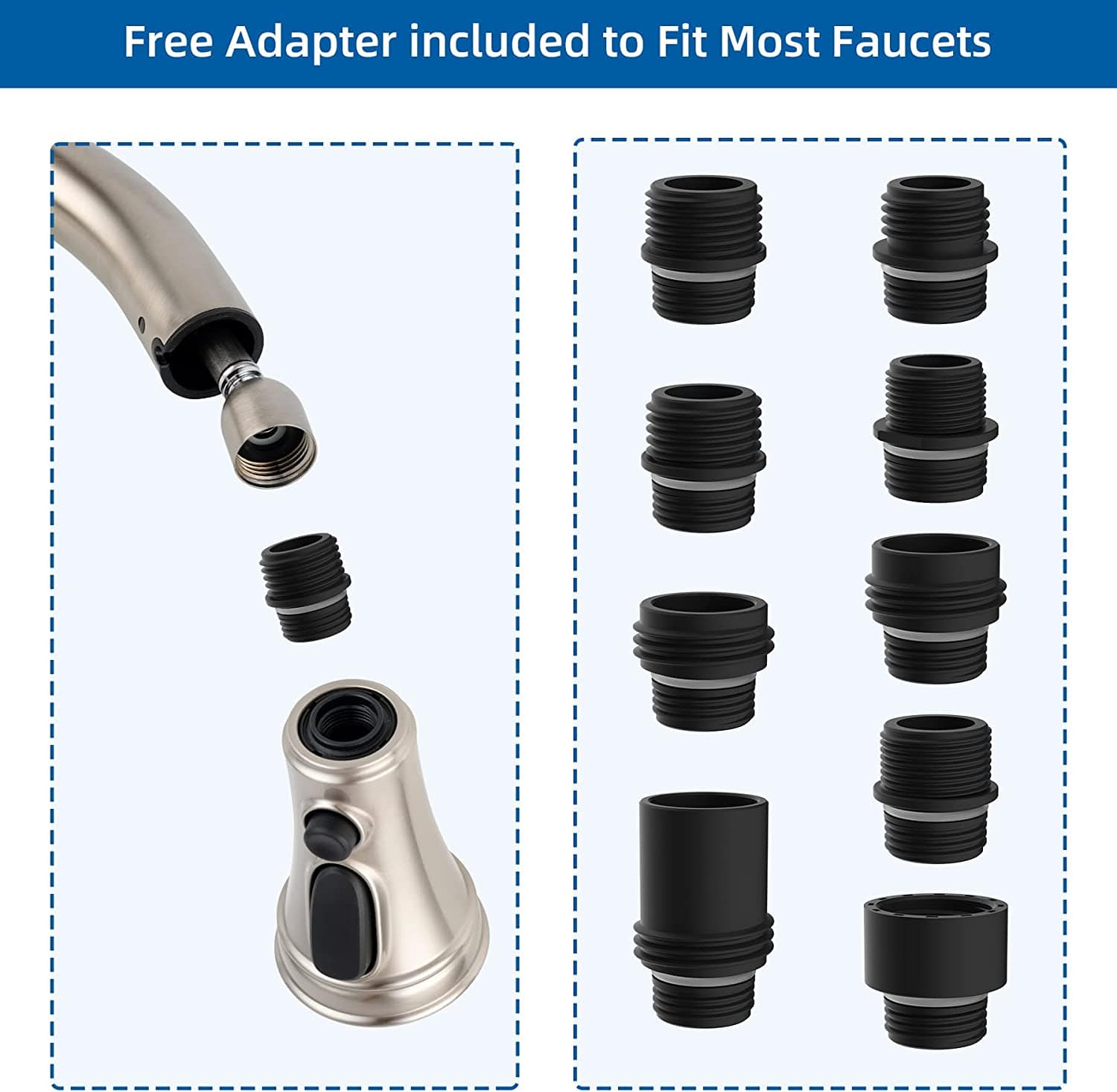 Hibbent 龙头配件 Hibbent Kitchen Faucet Head Replacement Pull Down Faucet Spray Head, 3 Function Faucet Sprayer Nozzle with 9 Adapters Compatible with Moen, American Standard, Delta, Kohler Faucets