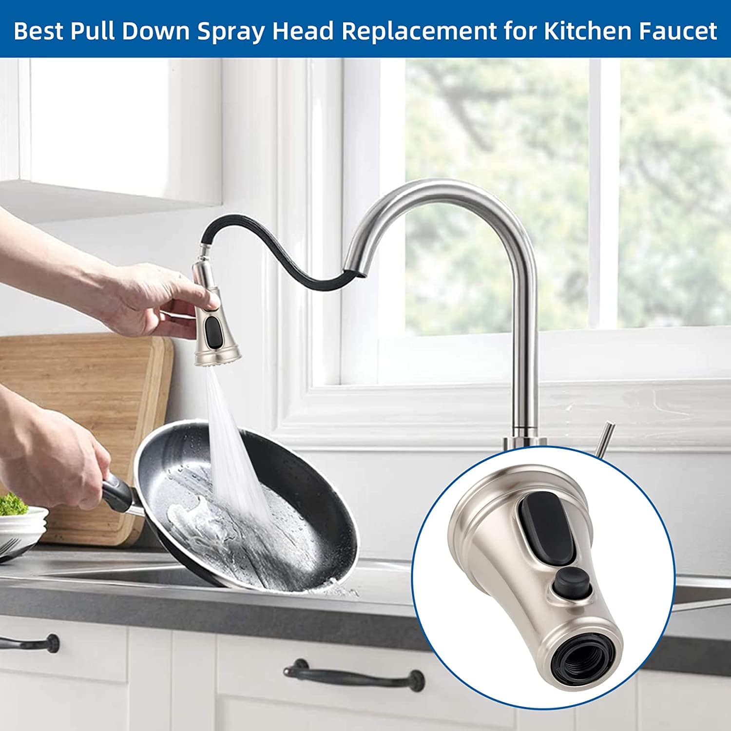 Hibbent 龙头配件 Hibbent Kitchen Faucet Head Replacement Pull Down Faucet Spray Head, 3 Function Faucet Sprayer Nozzle with 9 Adapters Compatible with Moen, American Standard, Delta, Kohler Faucets