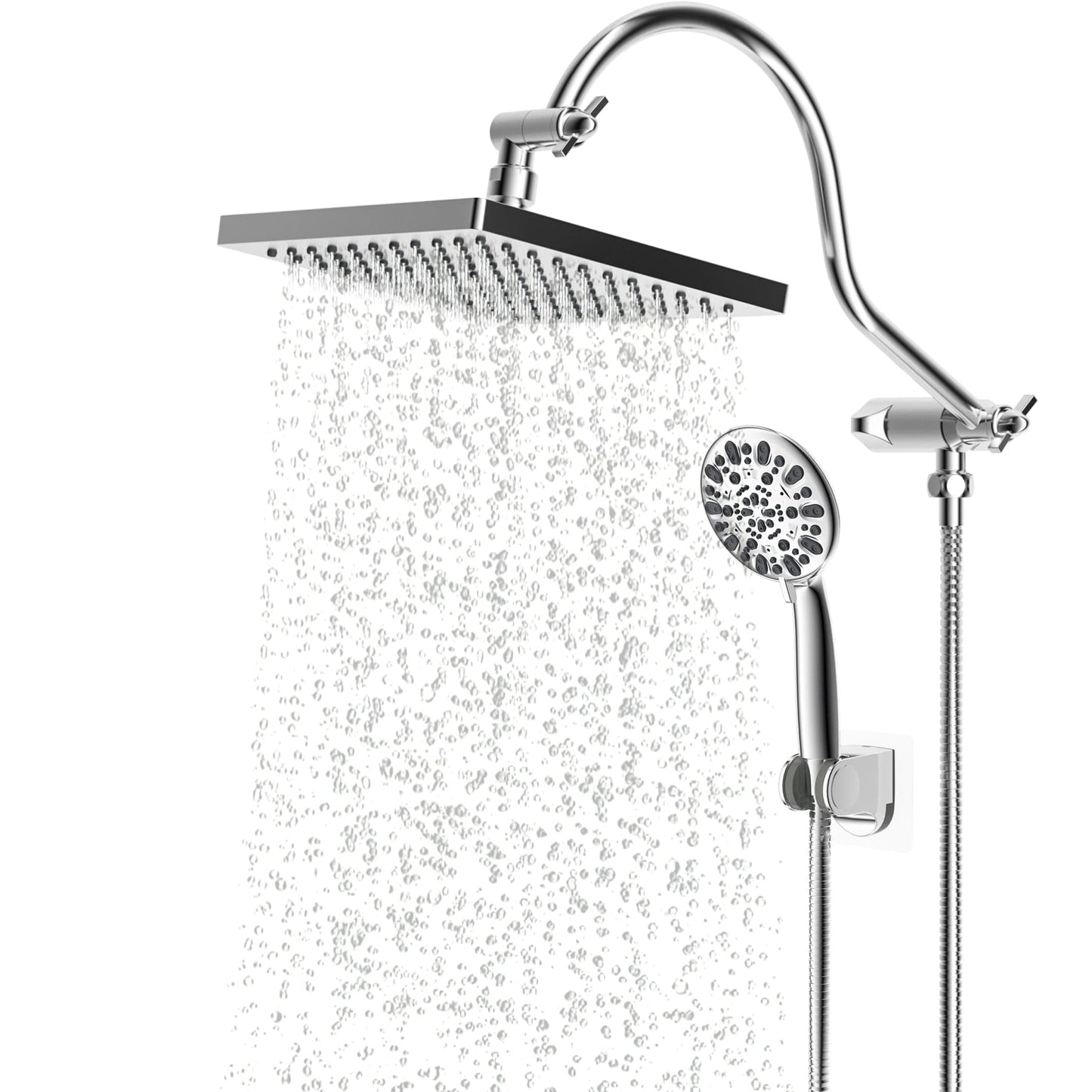 Hibbent 花洒 Hibbent Thickness Metal Rain Shower Head Combo Rainfall Shower Head & High Pressure Handheld Showerhead 12'' Adjustable Curved Extension Arm 7 Settings